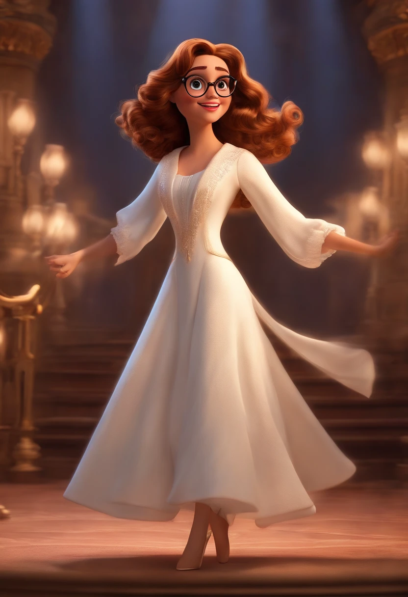 "(best quality,ultra-detalhado,Realistic:1.37),3D rendering,illustration,design de personagens,cabelos curtos e cacheados escuros,belos olhos detalhados,wearing white glasses,Estilo Pixar,morena mulher,Dancing on the Disney stage,atmosfera animada,vivid colors,luzes de palco,expression joyful"