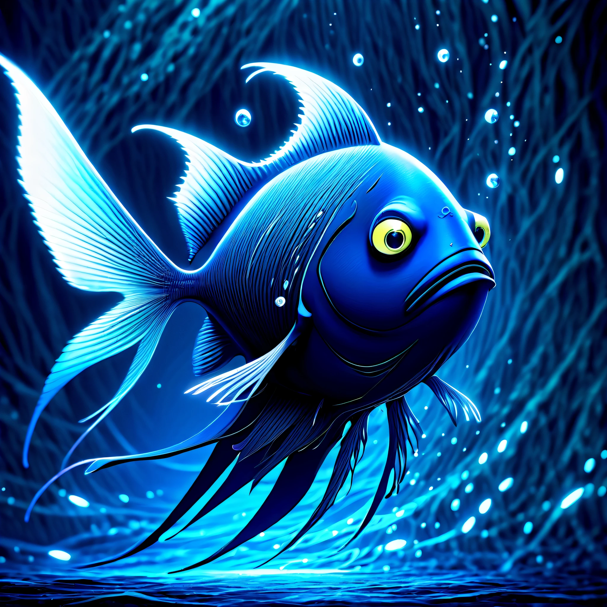 (((pixar style with dark fantasy creature monster of angel-fish with angel-wings CG animetion:1.3))), (flying in the sky with stunning strength pose:1.2), ((sparkling light falling down:1.1)), end of the apocalypse wish, dark cyan white and dark cyan aqua blue of beautiful pixel glow, (((intricate insane details:1.3))), (((intricate fine details:1.3))), (((beautiful sad masterpiece:1.3))), very detailed and complex digital paint, (((nice detail quality:1.3))), (((disney pixar inspire:1.3))), impeccable quality, highest quality, highly quality, best quality, stunningly beautiful visual quality of dark fantasy background.