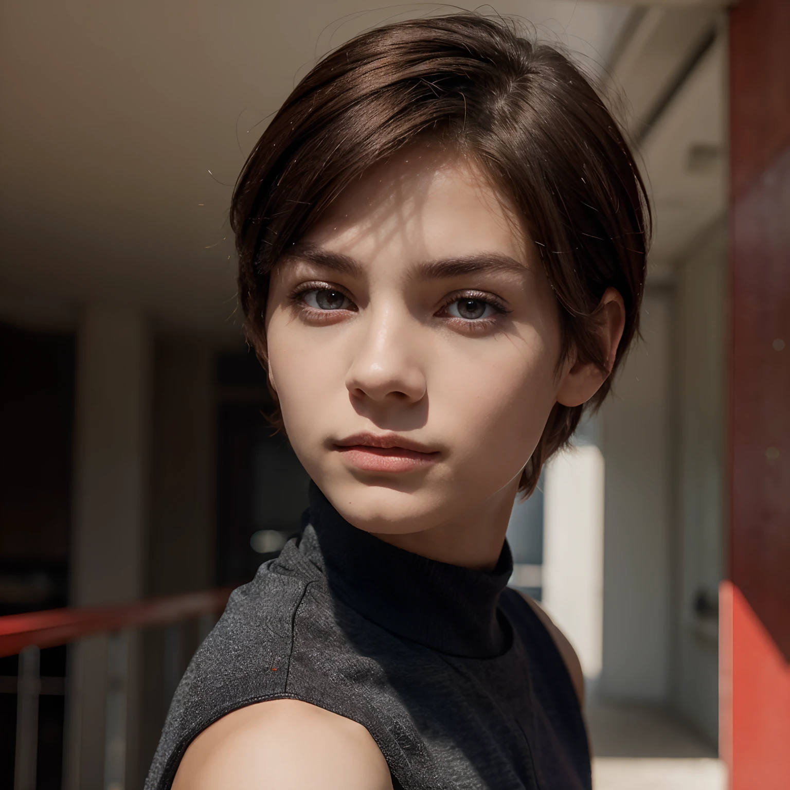 androgynous person, young, short dark brown hair with red reflects. Blue-grayish eyes. Boyish