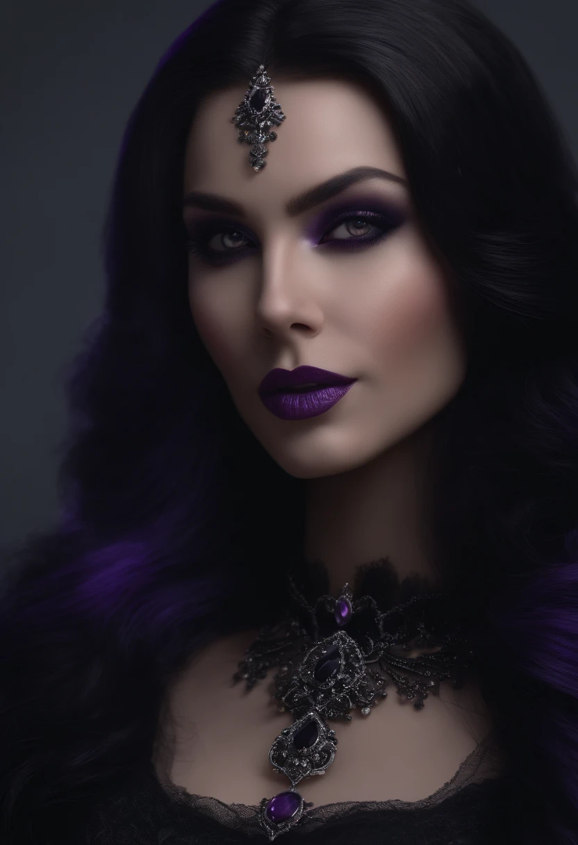 (gothic black figure,elegant,long black hair,purple highlighted hair,detailed villain,dark clothing with purple accent,victorian-style clothing) ,(best quality,4k,8k,highres,masterpiece:1.2),ultra-detailed,(realistic,photorealistic,photo-realistic:1.37),HDR,UHD,studio lighting,ultra-fine painting,sharp focus,physically-based rendering,extreme detail description,professional,vivid colors,bokeh,portrait,gothic style,colorful lights