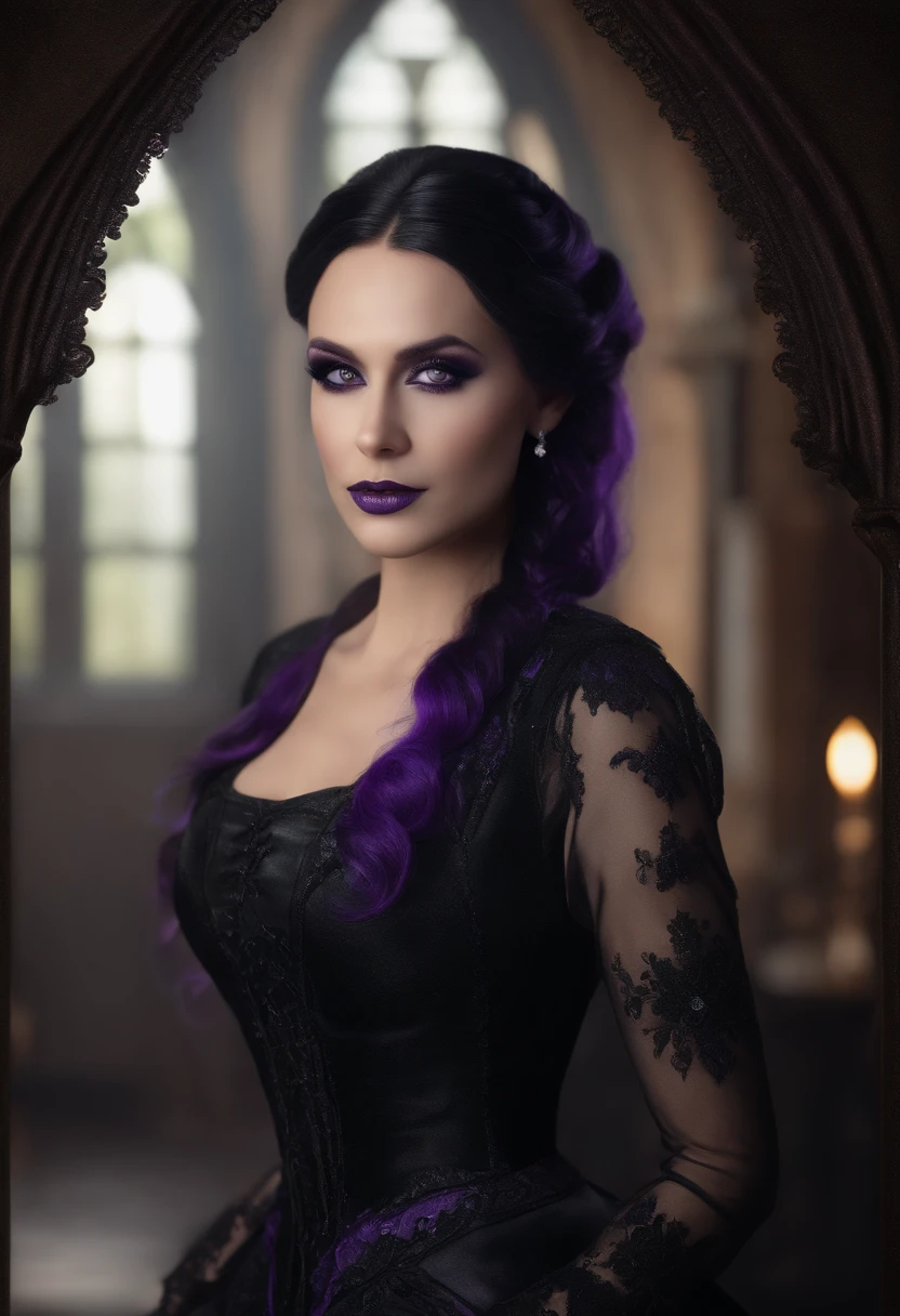 (gothic black figure,elegant,long black hair,purple highlighted hair,detailed villain,dark clothing with purple accent,victorian-style clothing) ,(best quality,4k,8k,highres,masterpiece:1.2),ultra-detailed,(realistic,photorealistic,photo-realistic:1.37),HDR,UHD,studio lighting,ultra-fine painting,sharp focus,physically-based rendering,extreme detail description,professional,vivid colors,bokeh,portrait,gothic style,colorful lights