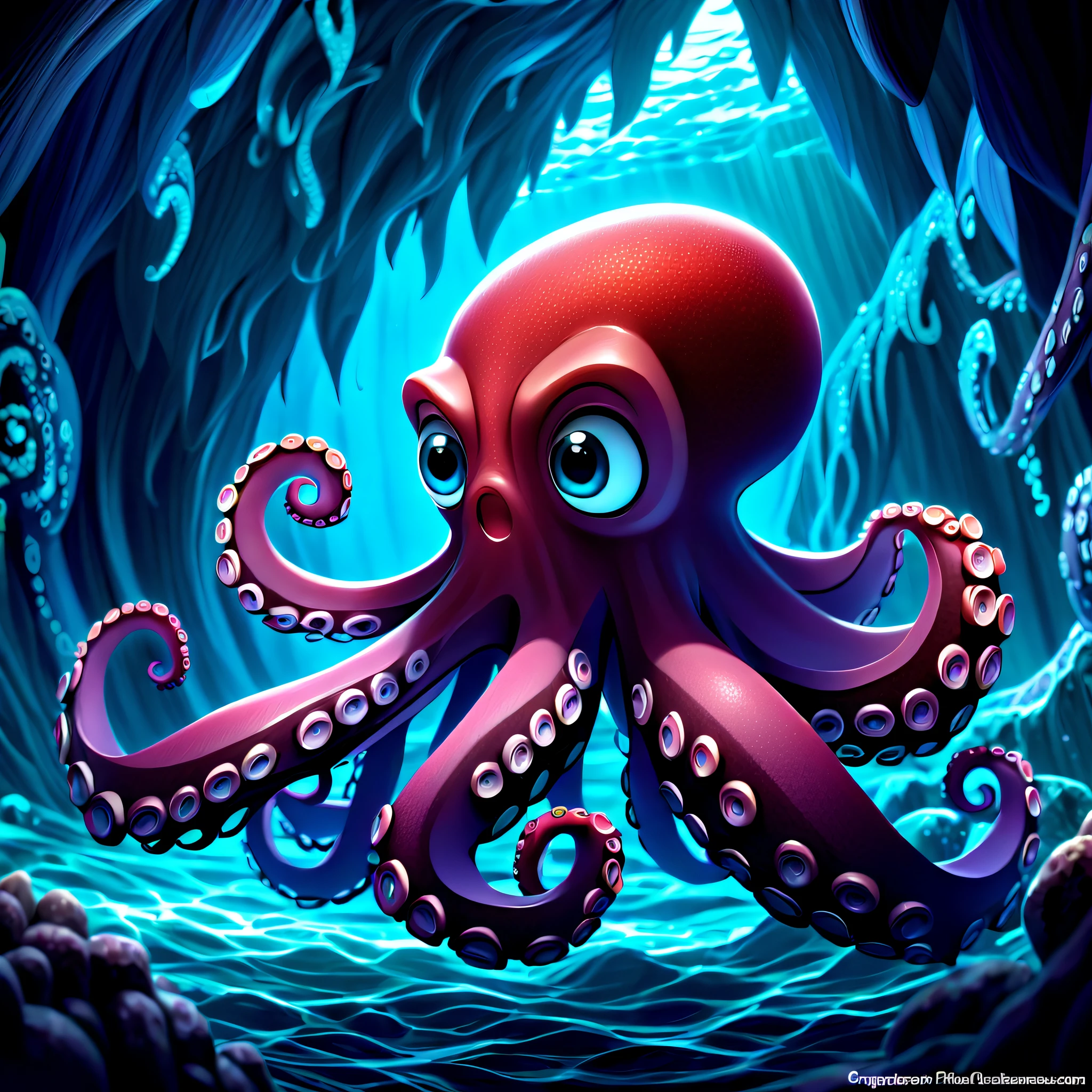(((pixar style with dark fantasy red octopus CG animetion:1.3))), (in the depth-sea-cave with stunning strength pose:1.2), ((glowing swirling vortexes of black and cyan dark black:1.4)), acid wish, dark cyan cream-color and dark cyan red of beautiful pixel glow, (((intricate insane details:1.3))), (((intricate fine details:1.3))), (((beautiful sad masterpiece:1.3))), very detailed and complex digital paint, (((nice detail quality:1.3))), (((disney pixar inspire:1.3))), impeccable quality, highest quality, highly quality, best quality, stunningly beautiful visual quality of dark fantasy sea cave background.