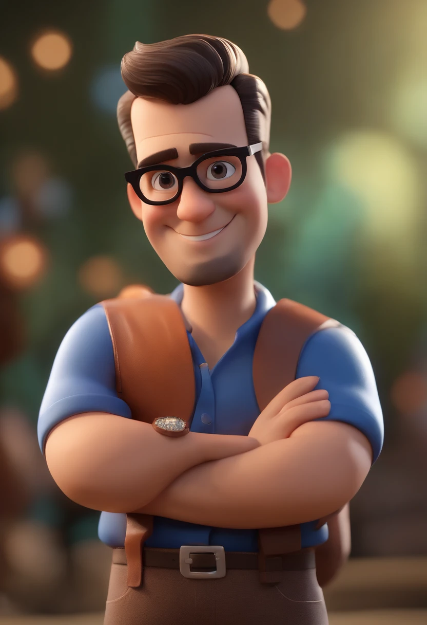 Cartoon character of a man wearing black glasses and a blue shirt, um personagem animado, Caractere estilizado, animation style rendering, 3D estilizado, Arnold Maya render, 3 d render stylized, toon render keyshot, Personagem 3D, Personagem 3D, 3d rendering stylized, 3 d character render, personagem de desenho animado, Personagem de close up, Pose de personagem, (Estilo Pixar) (master part:1.2) (Bokeh) (best quality) (pele detalhada) (textura detalhada) (8k) (argila) (Cinematic lighting) (foco nítido,Senta e vaza a parte superior do corpo