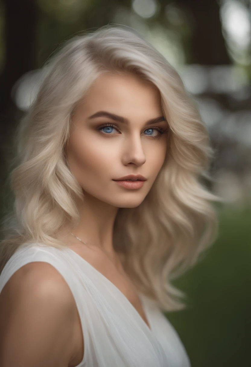 A beautiful woman, 18 years old, fair skin, slim body, straight platinum blonde hair, long hair, stylish haircut, wavy hair, attractive face, attractive young face, blue eyes, detailed face, full lips, body photo entire, standing in a park, edited in Adobe Premiere, 8k