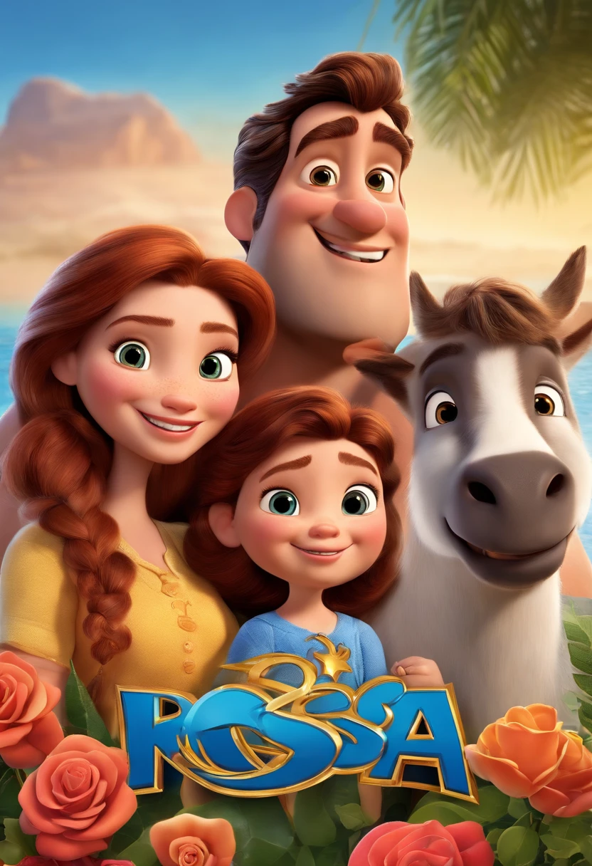 a Disney Pixar movie poster showing a white-skinned family. The father is the tallest, Tem barba curta, loiro, cabelos curtos e espinhosos. The mother has brown eyes and hair, shoulder-length and is slightly overweight. A tem 4 anos e cabelos castanhos, roupa rosa e rabos de cavalo. The background is a beach garden. 3D-rendering