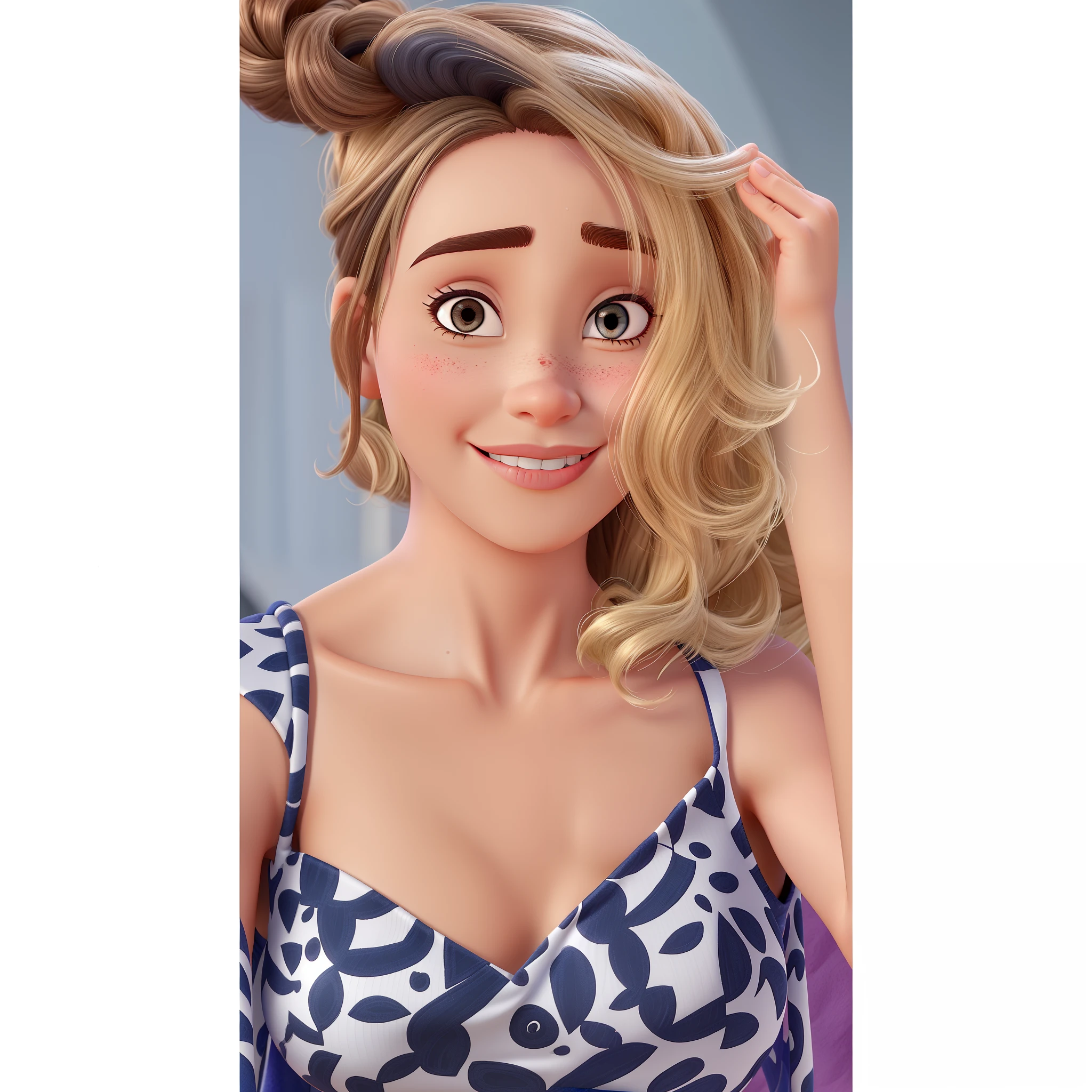 Uma mulher sexy, loira, olhos escuros, pele clara, um fundo suave e quente, estilo princesa Disney Pixar