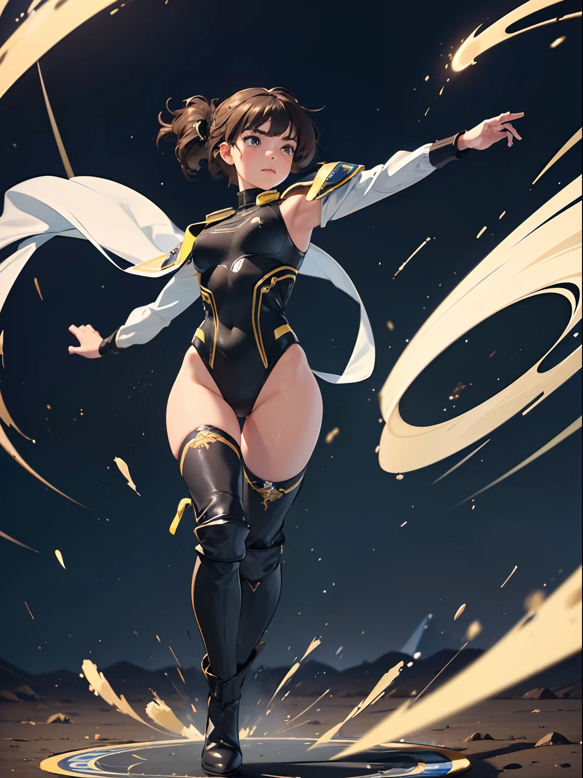 ((best quality)), ((masterpiece)), ((1girl, solo)), ((ultra realistic)), English, beautiful detailed face, detailed eyes, sexy police officer, ((black leotard, police uniform)), white bracelets, warehouse backdrop, highly detailed, professional, bare legs, (full body costume design), twirling, brown hair, medium hair, brown eyes, (thigh-high matching boots), shoulder holster, shoulder pads, badge, tornado spin, small whirlwind, wind particles, dust particles, wind swirls, light particles, cyclone spinning, wind vortex, powered spin, powering up, super spin pose, high speeds, fast spin, raised arms, full body shot, rapid gyration