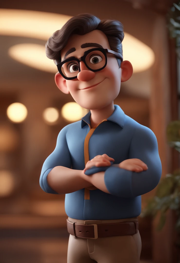Cartoon character of a man with black glasses and a blue shirt, animation character, Caractere estilizado, animation style rendering, 3D estilizado, Arnold Maya render, 3 d render stylized, toon render keyshot, Personagem 3D, Personagem 3D, 3d rendering stylized, 3 d character render, personagem de desenho animado, Personagem de close up, Pose de personagem,  (Estilo Pixar) (master part:1.2) (Bokeh) (best quality) (pele detalhada) (textura detalhada) (8k) (argila) (Cinematic lighting) (foco nítido
