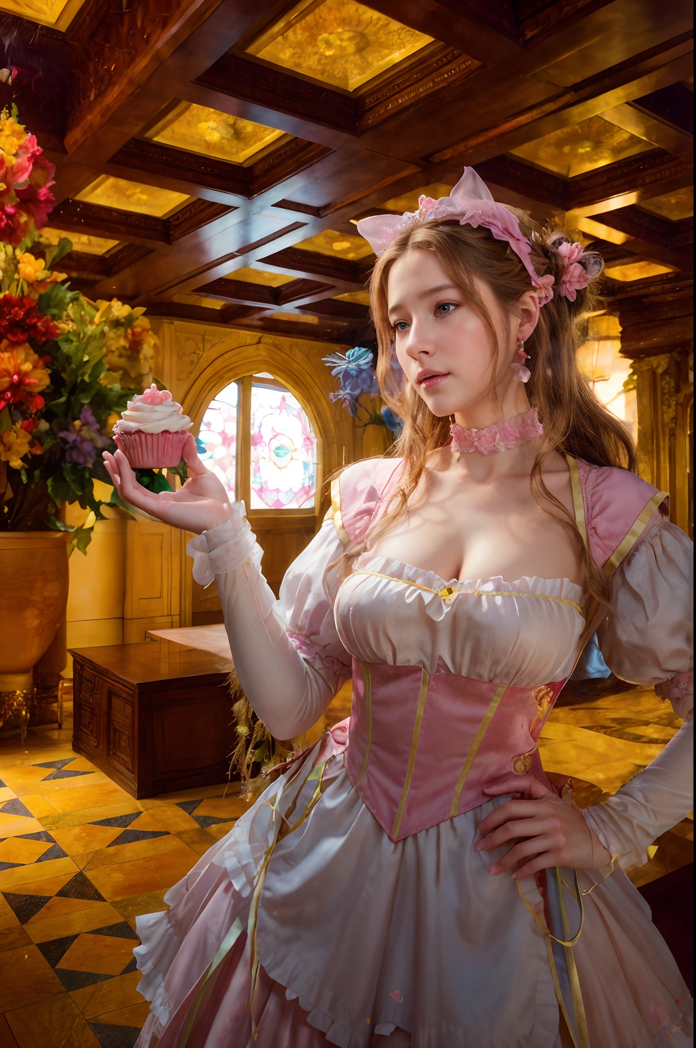 there is a woman in a dress holding a cupcake in her hand, aerith gainsborough, beautiful aerith gainsborough, highly detailed exquisite fanart, beautiful character painting, glamorous aerith portrait, portrait of princess peach, magali villeneuve', 8k high quality detailed art, princess portrait, inspired by Magali Villeneuve, michael cheval (unreal engine