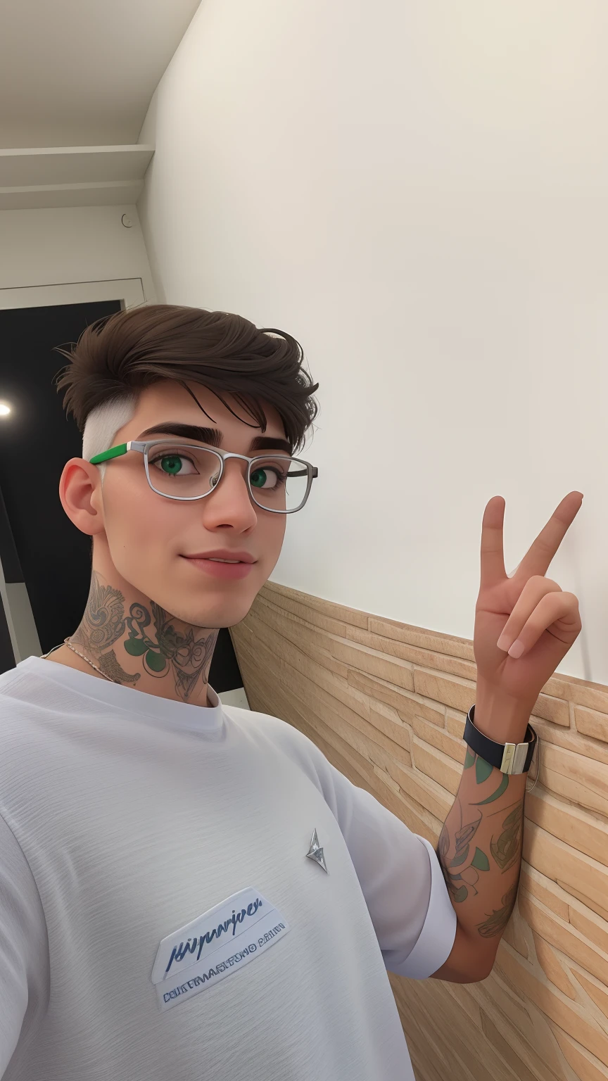 Um homem de 20 anos, com cabelos castanhos curtos, face de diamante, olhar rigoroso, e olhos verdes, Wearing white white shirt with tie and glasses.
