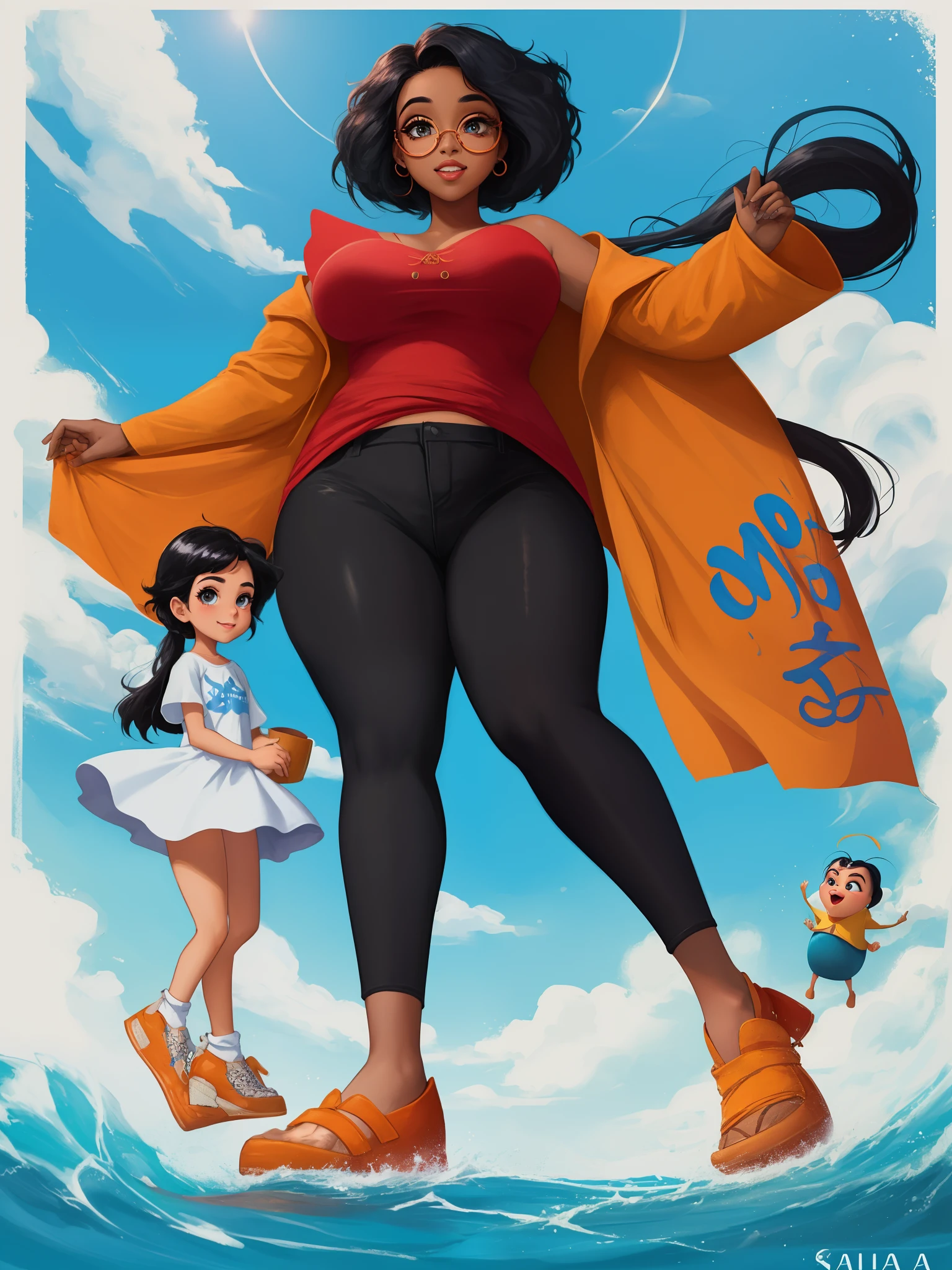 poster no estilo disney pixar, uma mulher negra de oculos de sol, saia preta, plus size,estilo disney pixar, alta qualidade, melhor qualidade