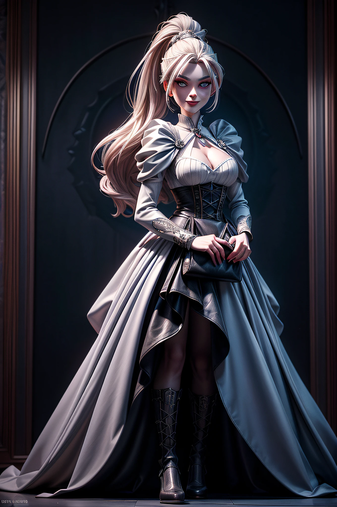 a portrait of (Pixar art: 1.5)  icture of vampire standing in the front of her home holding a (candy bag: 1.2), an exquisite beautiful female vampire in her front door of her home, full body (ultra detailed, Masterpiece, best quality), ultra detailed face (ultra detailed, Masterpiece, best quality), grey skin: 1.3 , blond hair, hair in a ponytail, long hair, blue eyes, cold eyes, glowing eyes, intense eyes, smile with [drops of blood on face] (ultra detailed, Masterpiece, best quality), dark red lips, [vampire fangs], wearing white dress (ultra detailed, Masterpiece, best quality), dark blue cloak, high heeled boots in front of her home, (holding a candy bag: 1.4), high details, best quality, 16k, [ultra detailed], masterpiece, best quality, (ultra detailed), full body, ultra wide shot, photorealism, luis royo style, dark fantasy art, moon light coming through the window, moon rays, gothic art, sense of dread, sense of seduction,pixarstyle