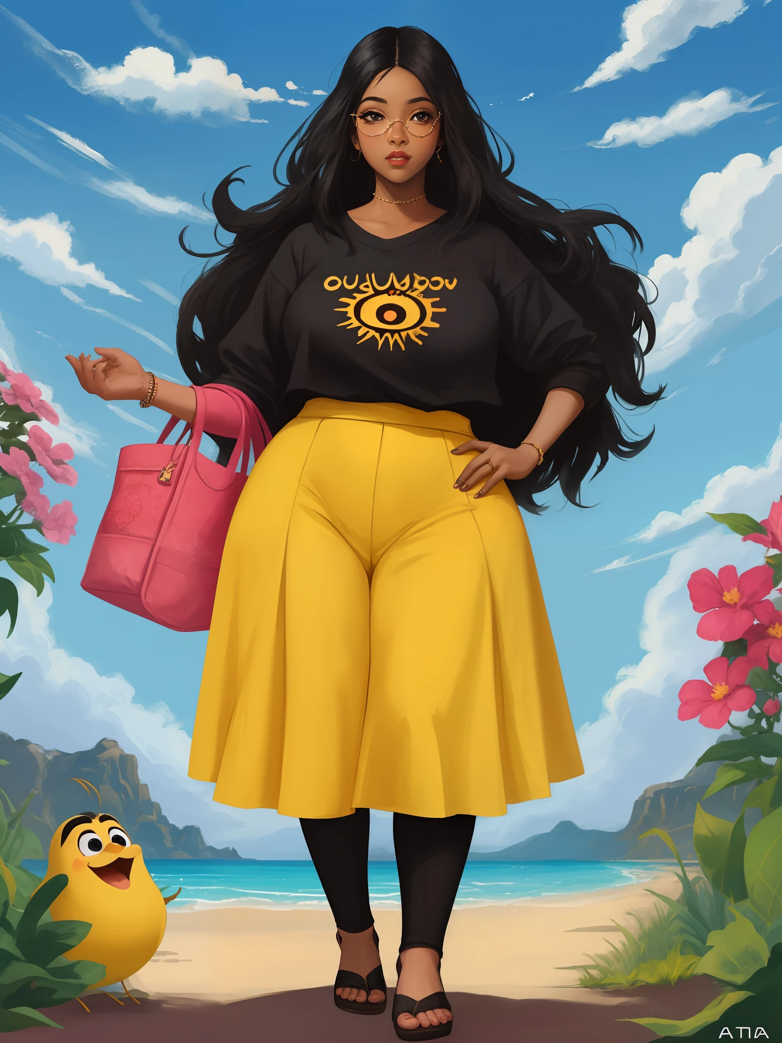 poster no estilo disney pixar, uma mulher negra de oculos de sol, saia preta, plus size,estilo disney pixar, alta qualidade, melhor qualidade
