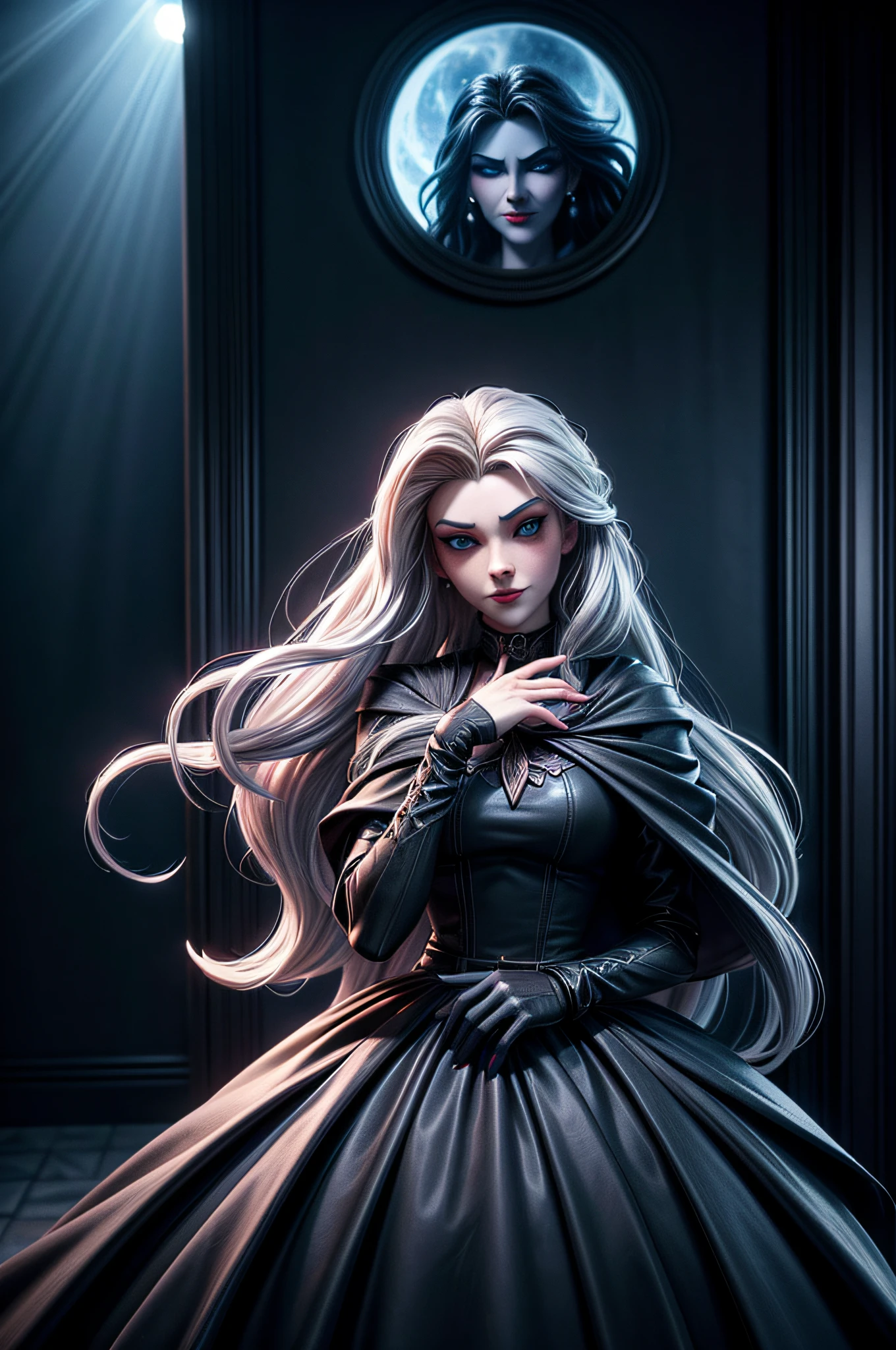 a portrait of (Pixar art: 1.5)  icture of vampire standing in the front of her home holding a (candy bag: 1.2), an exquisite beautiful female vampire in her front door of her home, full body (ultra detailed, Masterpiece, best quality), ultra detailed face (ultra detailed, Masterpiece, best quality), grey skin: 1.3 , blond hair, hair in a ponytail, long hair, blue eyes, cold eyes, glowing eyes, intense eyes, smile with [drops of blood on face] (ultra detailed, Masterpiece, best quality), dark red lips, [vampire fangs], wearing white dress (ultra detailed, Masterpiece, best quality), dark blue cloak, high heeled boots in front of her home, (holding a candy bag: 1.4), high details, best quality, 16k, [ultra detailed], masterpiece, best quality, (ultra detailed), full body, ultra wide shot, photorealism, luis royo style, dark fantasy art, moon light coming through the window, moon rays, gothic art, sense of dread, sense of seduction,pixarstyle