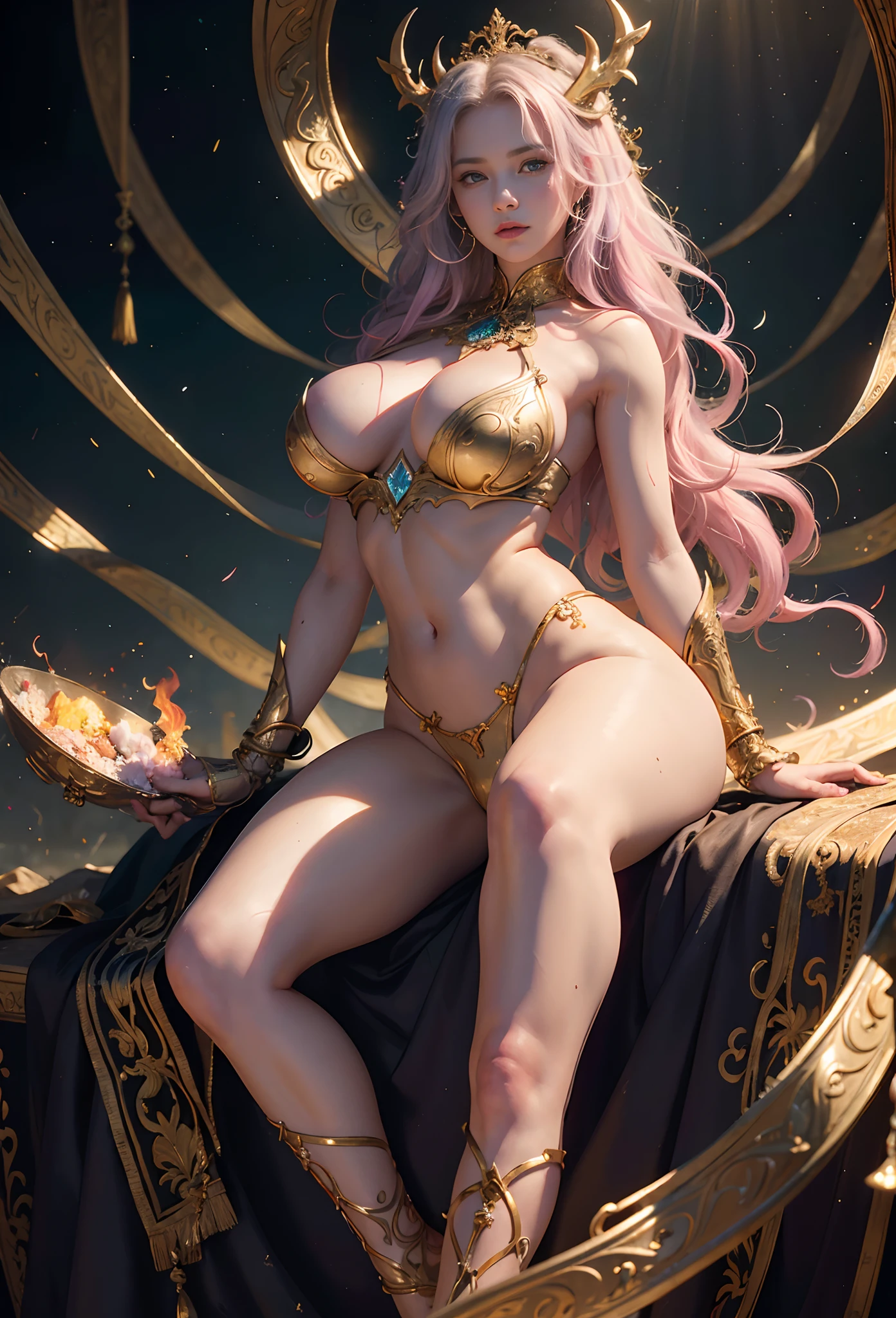 (Masterpiece, (hdr:1.5), Beautiful and aesthetic:1.2),Depicting the goddess of war,She is a great giant,She is a lovely princess,Also a formidable fighter,Flame,lightning in sky,The top of the mountain at the foot of the mountain,Mountains in the distance,(theelementoffire:1.4),Realistic flames,Composed of fire elements,Highly realistic,Correct anatomy,fully body photo,Bulge,Cute big breasts,revealing breasts,legs separated,plumw,Desire for dissatisfaction,Bare genitalia, Camel toes, gesture,climaxing,Sexual huge breasts cleavage, Barefoot,Sexyture,(Wearing:Transparent fireproof armor,Bare ,)1female,30 age old,Married Woman,熟妇, 独奏,beatiful detailed eyes,(zentangle,datura,Tangles,entangled),holy rays,gold foil,Gold leaf art,Deep background,Fantastic and incredible,Epic composition,(Complicated details,Hyper-detailing:1.2),Ultra photo realsisim, fearsome, epic realistic, Faded, ((com cores neutras)),(pastel colour:1.2), Detailed face, Detailed eyes,Hyper-realistic, + cinema shot + Dynamic composition, Incredibly detailed, Sharpen, Cinematic, warm lights, Light effect, Dramaticlight, (Intricate details:1.1), the complex background, (greg rutkovsky:0.8),