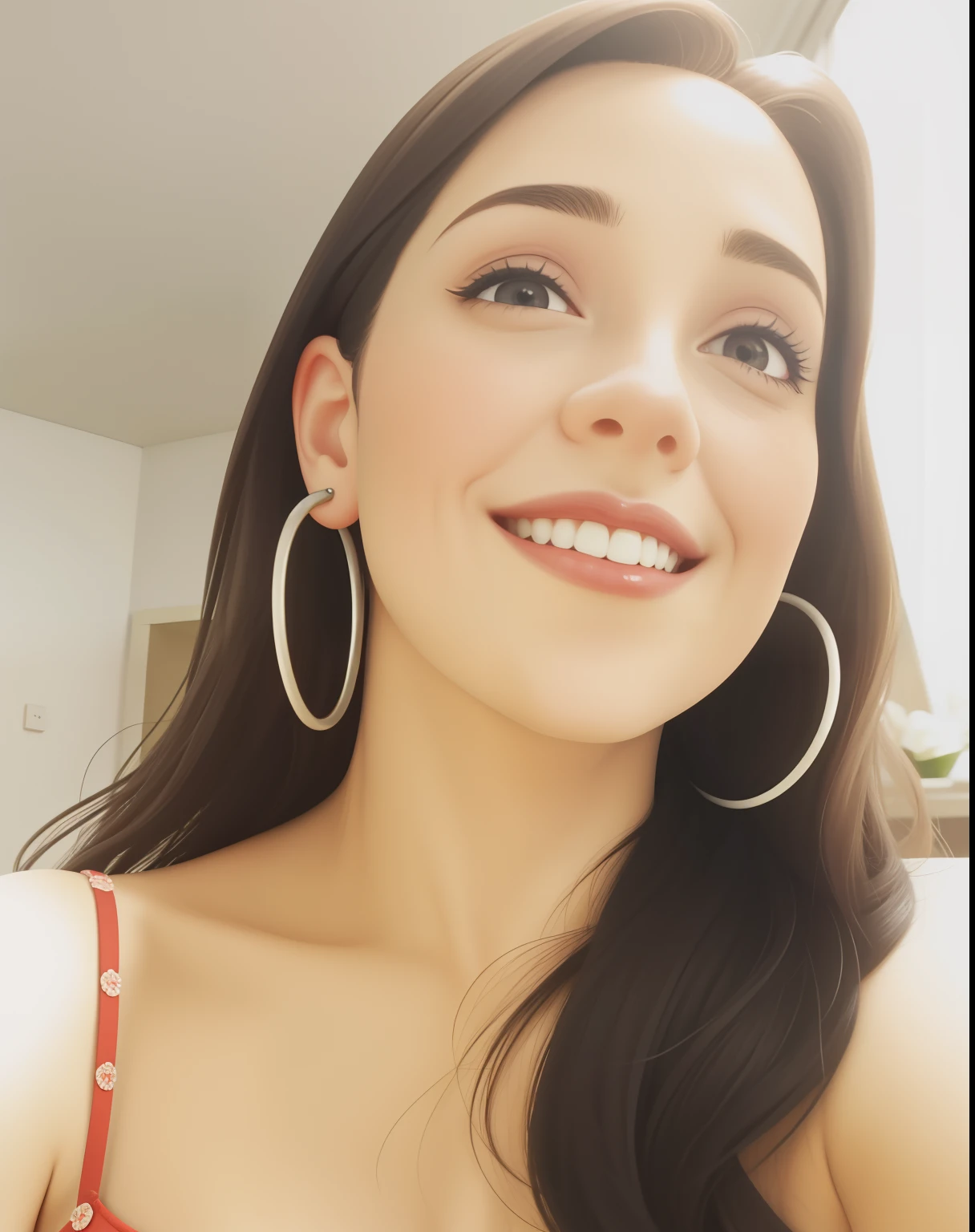 Uma mulher de 30 anos, com cabelos castanhos curtos, Rosto redondo, rosto redondo com sorriso encantador, e olhos castanhos