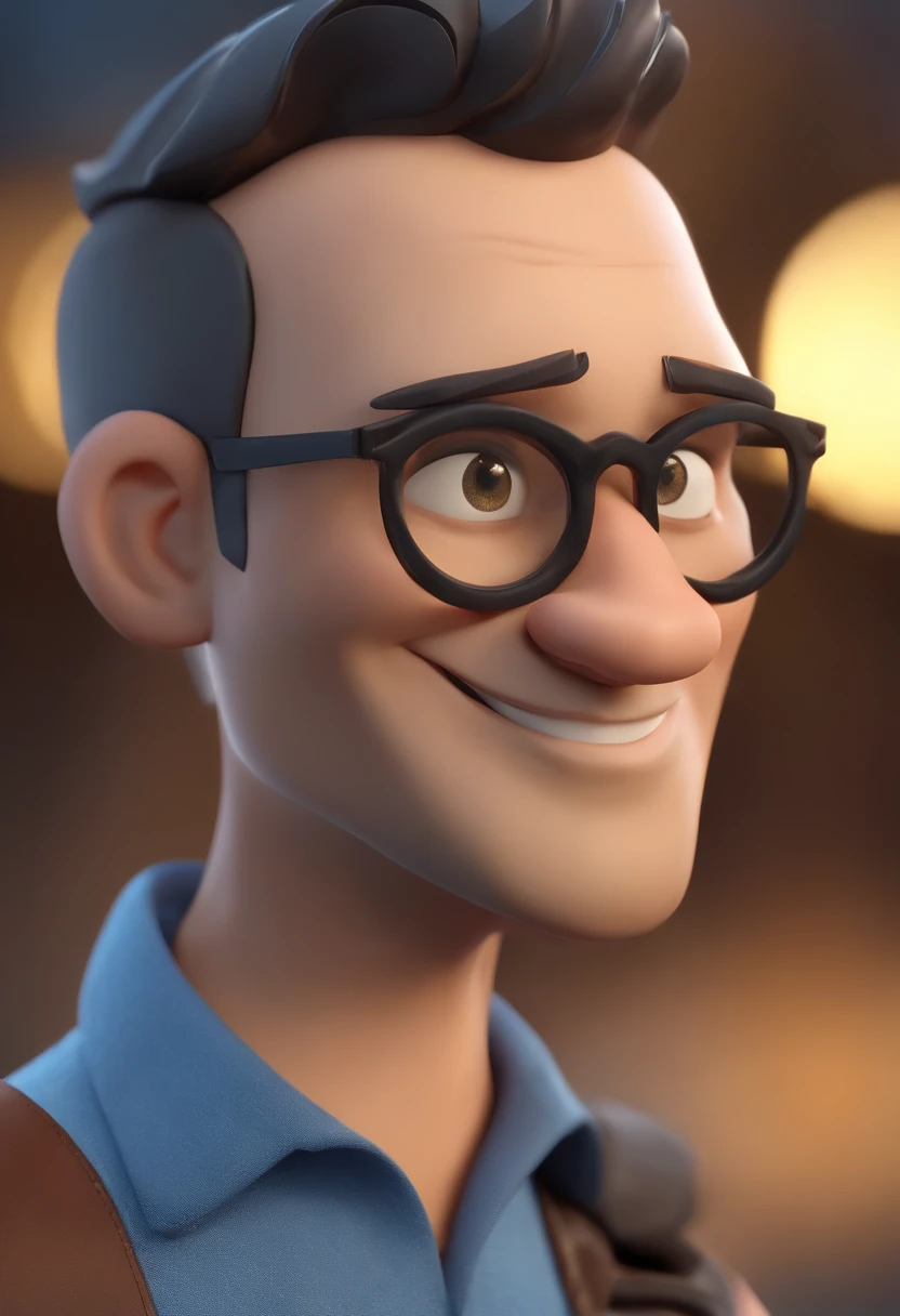 Cartoon character of a man with black glasses, cabelo cacheado marrom escuro e uma camisa azul, animation character, Caractere estilizado, animation style rendering, 3D estilizado, Arnold Maya render, 3 d render stylized, toon render keyshot, Personagem 3D, Personagem 3D, 3d rendering stylized, 3 d character render, personagem de desenho animado, Personagem de close up, Pose de personagem,  (Estilo Pixar) (master part:1.2) (Bokeh) (best quality) (pele detalhada) (textura detalhada) (8k) (argila) (Cinematic lighting) (foco nítido