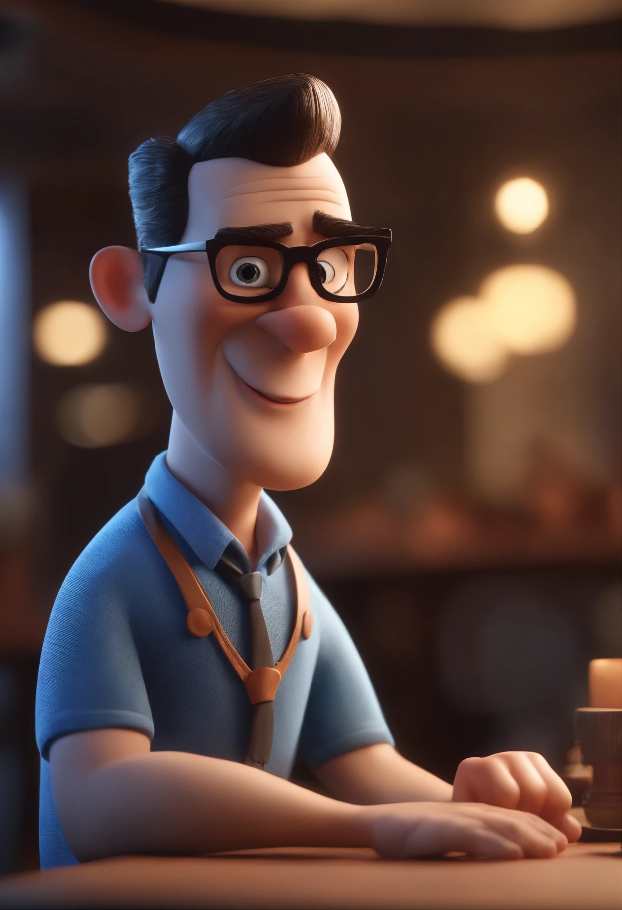 Cartoon character of a man with black glasses and a blue shirt, animation character, Caractere estilizado, animation style rendering, 3D estilizado, Arnold Maya render, 3 d render stylized, toon render keyshot, Personagem 3D, Personagem 3D, 3d rendering stylized, 3 d character render, personagem de desenho animado, Personagem de close up, Pose de personagem,  (Estilo Pixar) (master part:1.2) (Bokeh) (best quality) (pele detalhada) (textura detalhada) (8k) (argila) (Cinematic lighting) (foco nítido