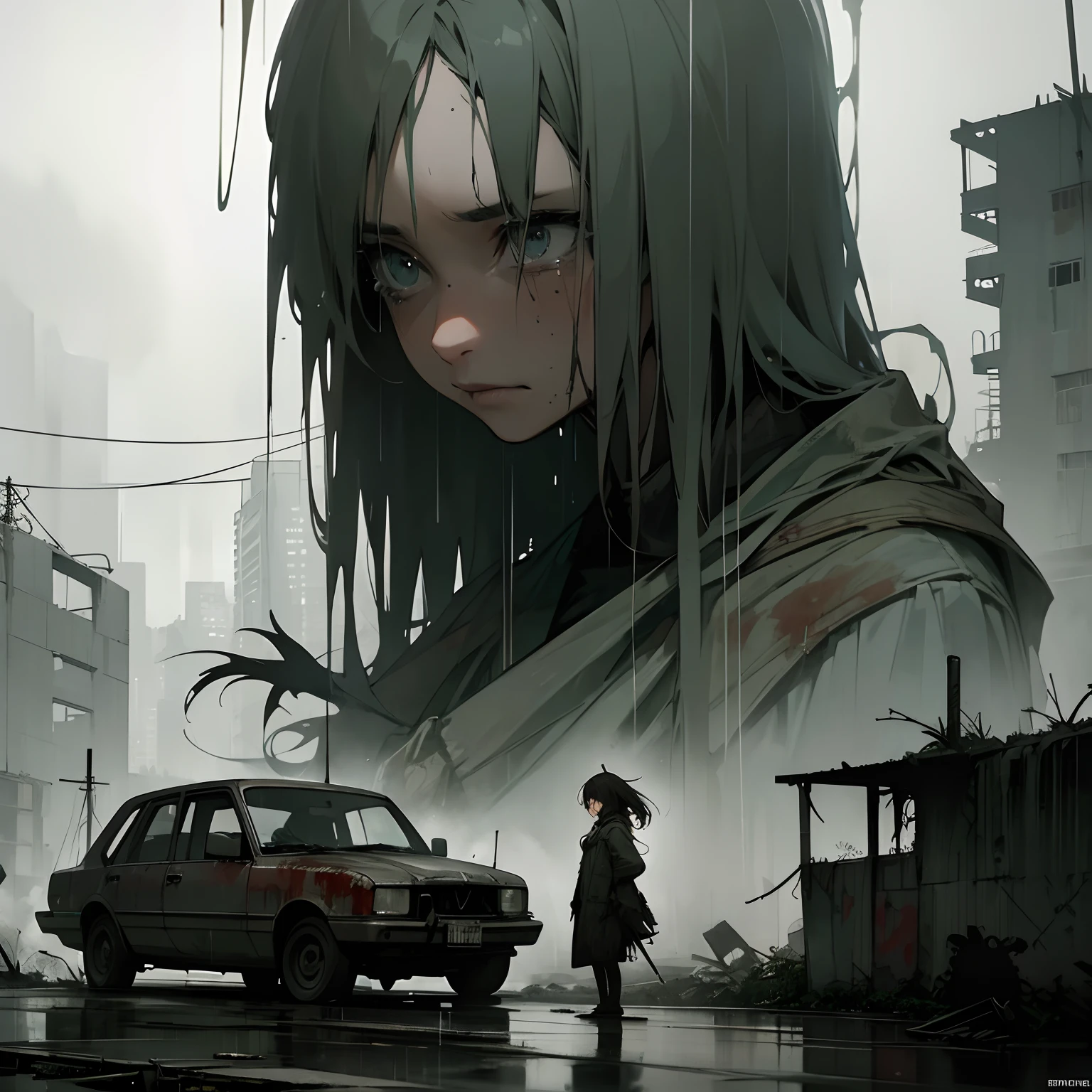 girl,crying in the rain,post-apocalyptic,sad expression,abandoned city,decaying buildings,dystopian atmosphere,dark and gloomy,desperate situation,dead trees,overgrown vegetation,stark contrast,blood-stained walls,tattered clothes,emotional intensity,desolation,loneliness,ruined world,moody lighting,ominous skies,dramatic composition,highly detailed textures,raindrops reflecting on her face,windswept hair,gritty and dark,run-down vehicles,remnants of civilization,ashes and debris,tension and despair,haunting beauty,depth and realism,impressive level of detail,dynamic range of colors,saturated and desaturated tones,epic and cinematic,hauntingly beautiful,portraits,concept artists,photorealistic:1.2.