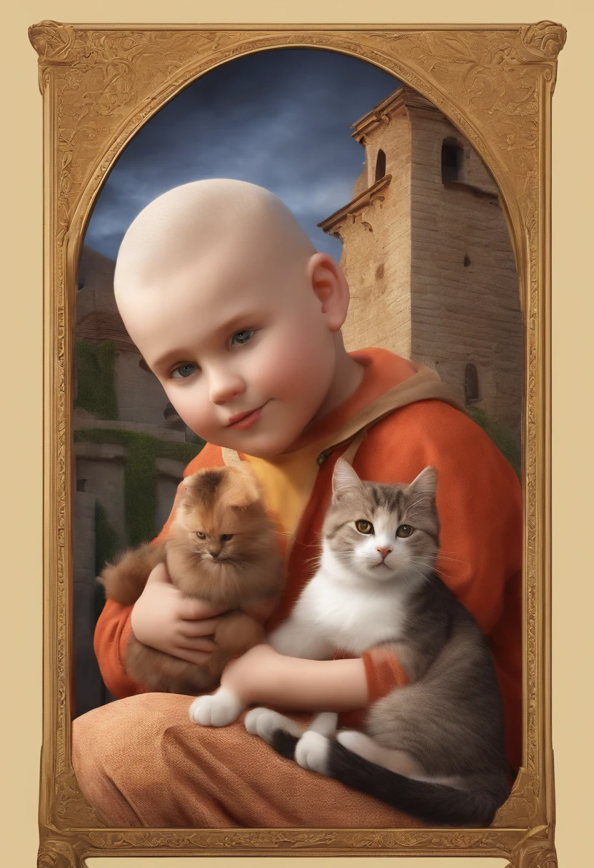 A big boy without much hair with cat in hand