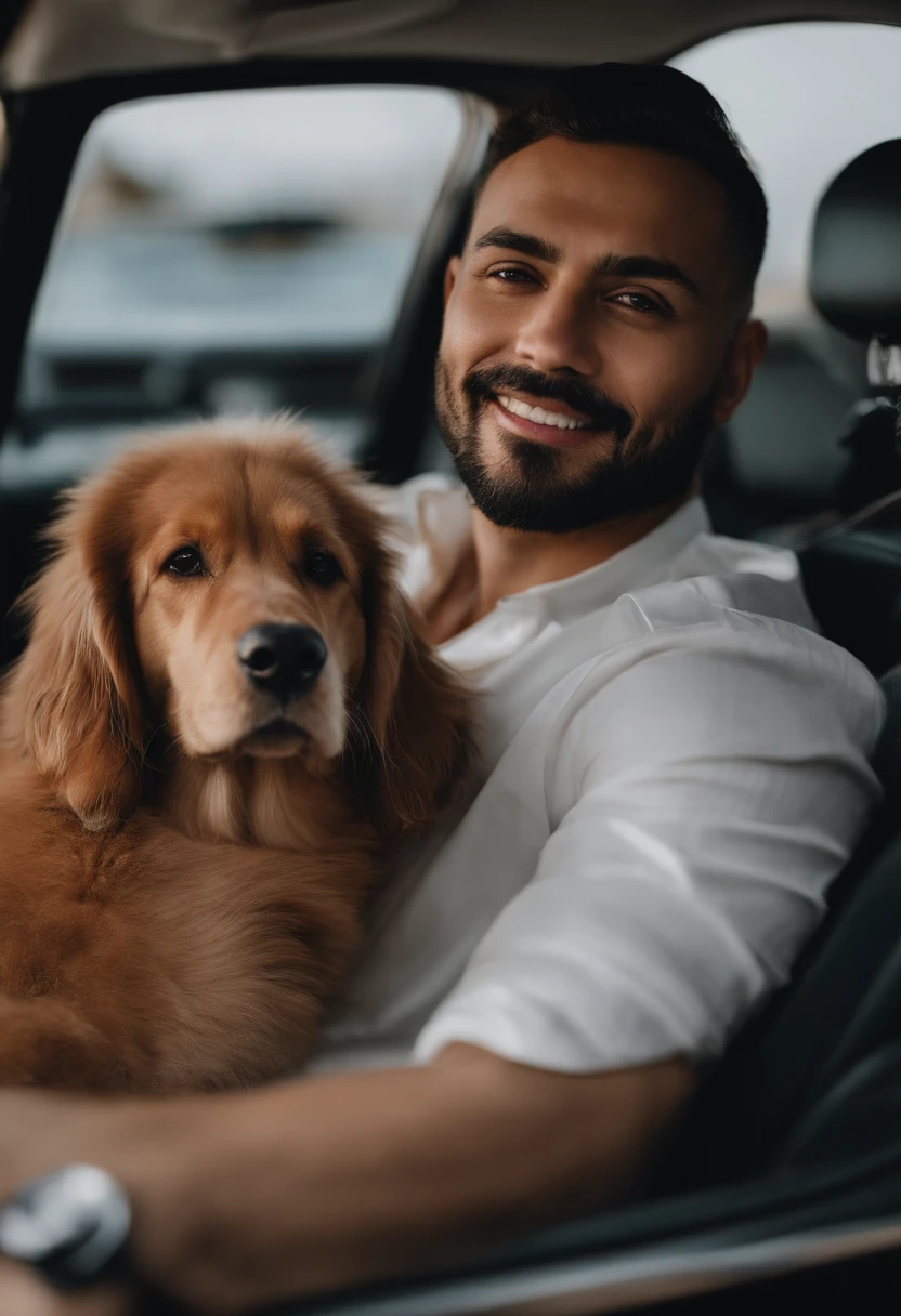 There's a man sitting in the back seat of a car with a dog's paw on his shirt, taken in the early 2020s, 2 7 anos, 3 6 anos, 3 2 anos, 2 8 anos, Jorge Pemba, 2 9 anos, 38 anos, 35 anos, 3 5 anos