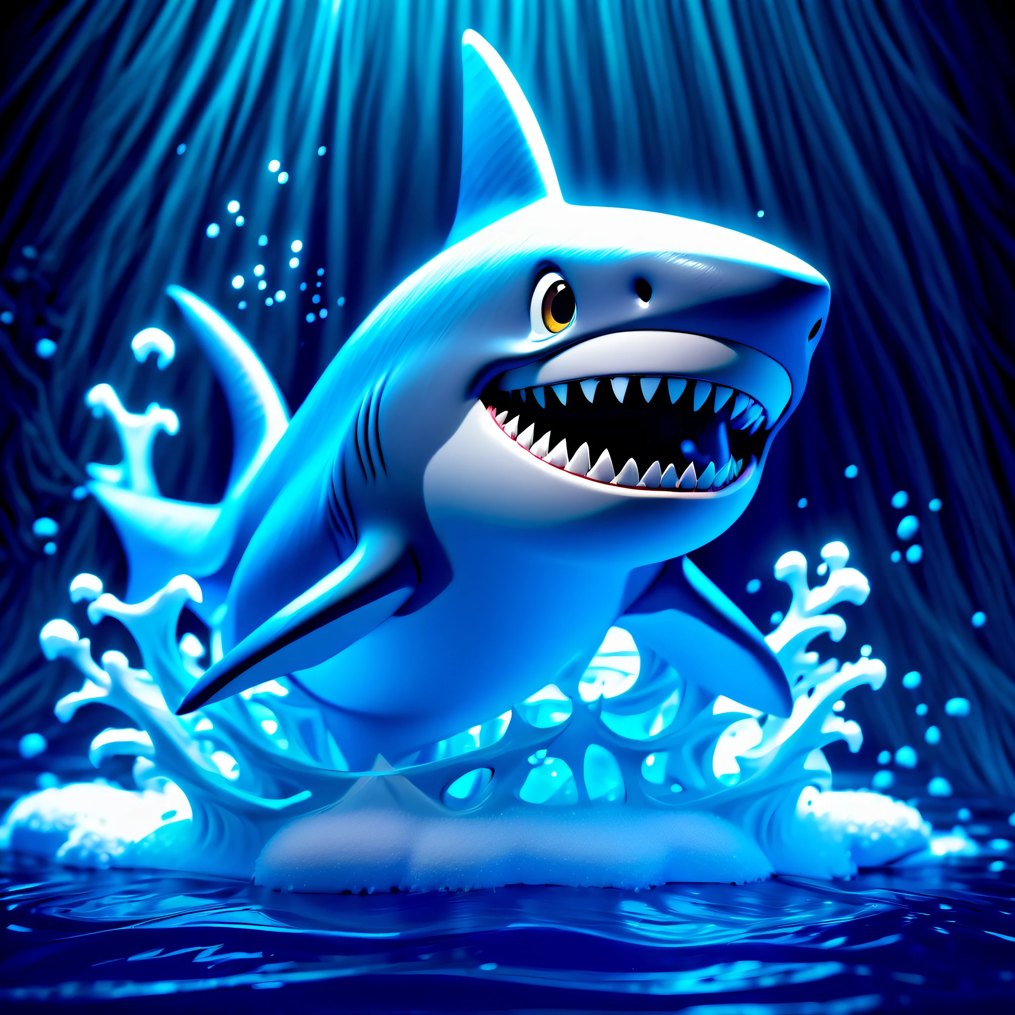 (((pixar style with dark fantasy creature monster of utterly cute shark CG animetion:1.3))), (in the water with stunning strength pose:1.2), ((glowing swirling vortexes snow:1.4)), acid wish, dark cyan white and dark cyan aqua blue of beautiful pixel glow, (((intricate insane details:1.3))), (((intricate fine details:1.3))), (((beautiful sad masterpiece:1.3))), very detailed and complex digital paint, (((nice detail quality:1.3))), (((disney pixar inspire:1.3))), impeccable quality, highest quality, highly quality, best quality, stunningly beautiful visual quality of dark fantasy background.