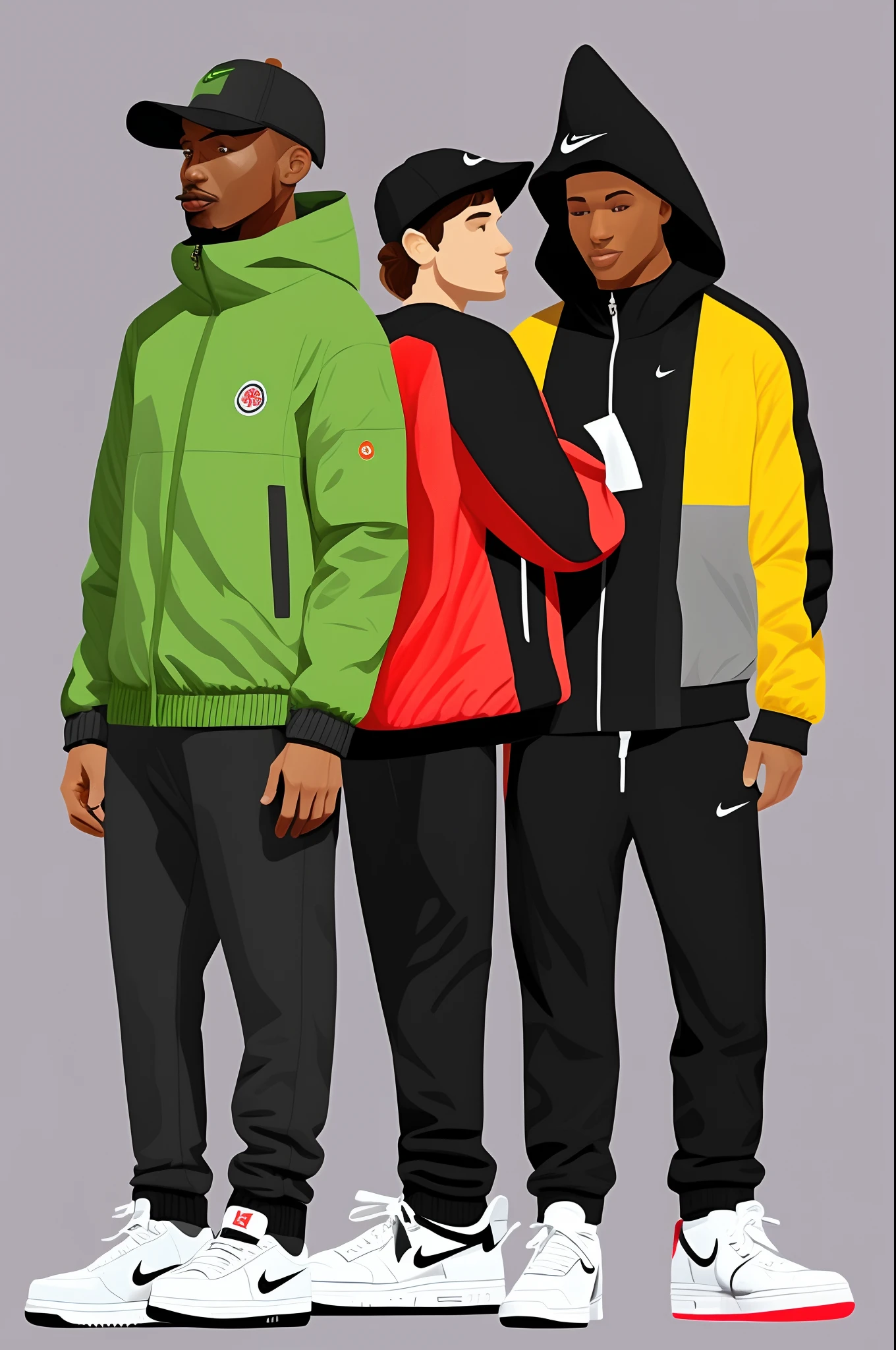 A grey alien wearing a moncler bubble coat, black skinny jeans, and Jordan 4 sneakers. Alongside an old Wizard wearing a nike tech sweatsuit, and white Nike Air Force 1 sneakers. They’re smoking cigars together. Pixel art