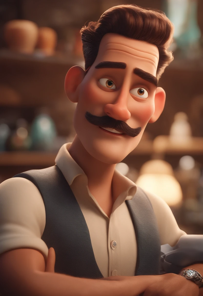 A Dream Barber Inspired by Pixar Animation, de perto. The character takes center stage with captivating facial expressions, oferecendo um toque de irrealidade, Cabelo curto e gordinho gradiente