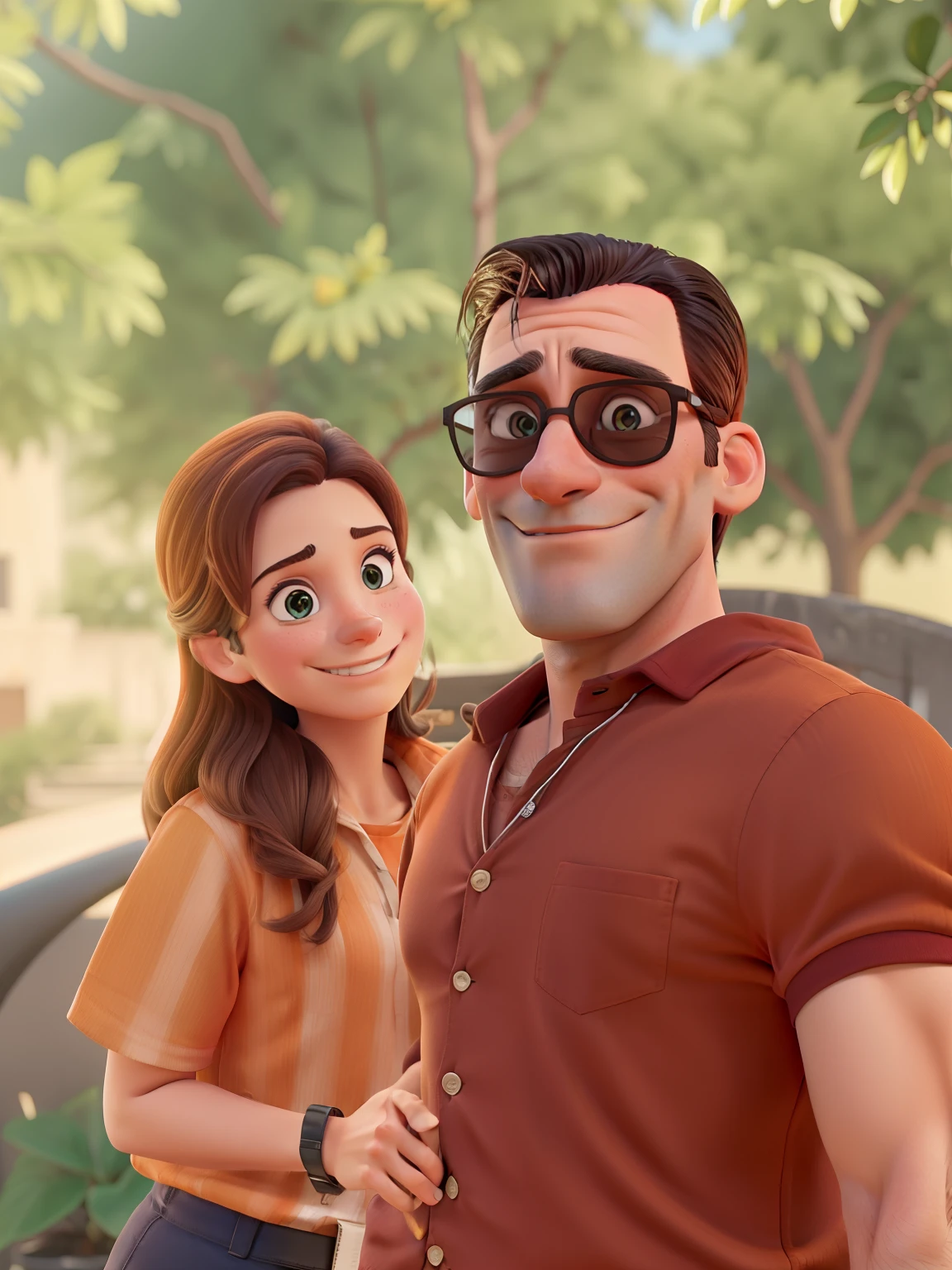 Jon Hamm dressed in an orange shirt and black pants, sorrindo e apontando para o lado com o dedo indicador