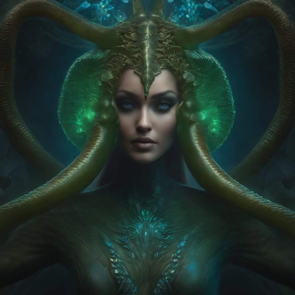 (best quality,4k,8k,highres,masterpiece:1.2),ultra-detailed,(realistic,photorealistic,photo-realistic:1.37),CthuluBishop:1.2,NeonMutation,glowing eyes,elongated tentacle-like appendages,shimmering neon colors,cosmic background scene,exquisite details,powerful and imposing presence,ethereal and mysterious atmosphere,otherworldly creatures emerging from the shadows,hauntingly beautiful,mesmerizing patterns and textures,dynamic lighting effects,sci-fi elements blended with dark fantasy,impressive architectural structures,twisted spires and towers,jagged cliffs and deep abysses,vibrant contrasts between light and dark,electric blue and neon green hues,surreal and dreamlike aesthetics,impressive use of reflections and refractions,seamless integration of organic and mechanical elements,subtle hints of ancient and arcane symbols,eerie and unsettling ambiance,depth and dimensionality in every stroke,meticulous attention to detail in facial features,colossal and grandiose in scale,evocative and thought-provoking artwork.