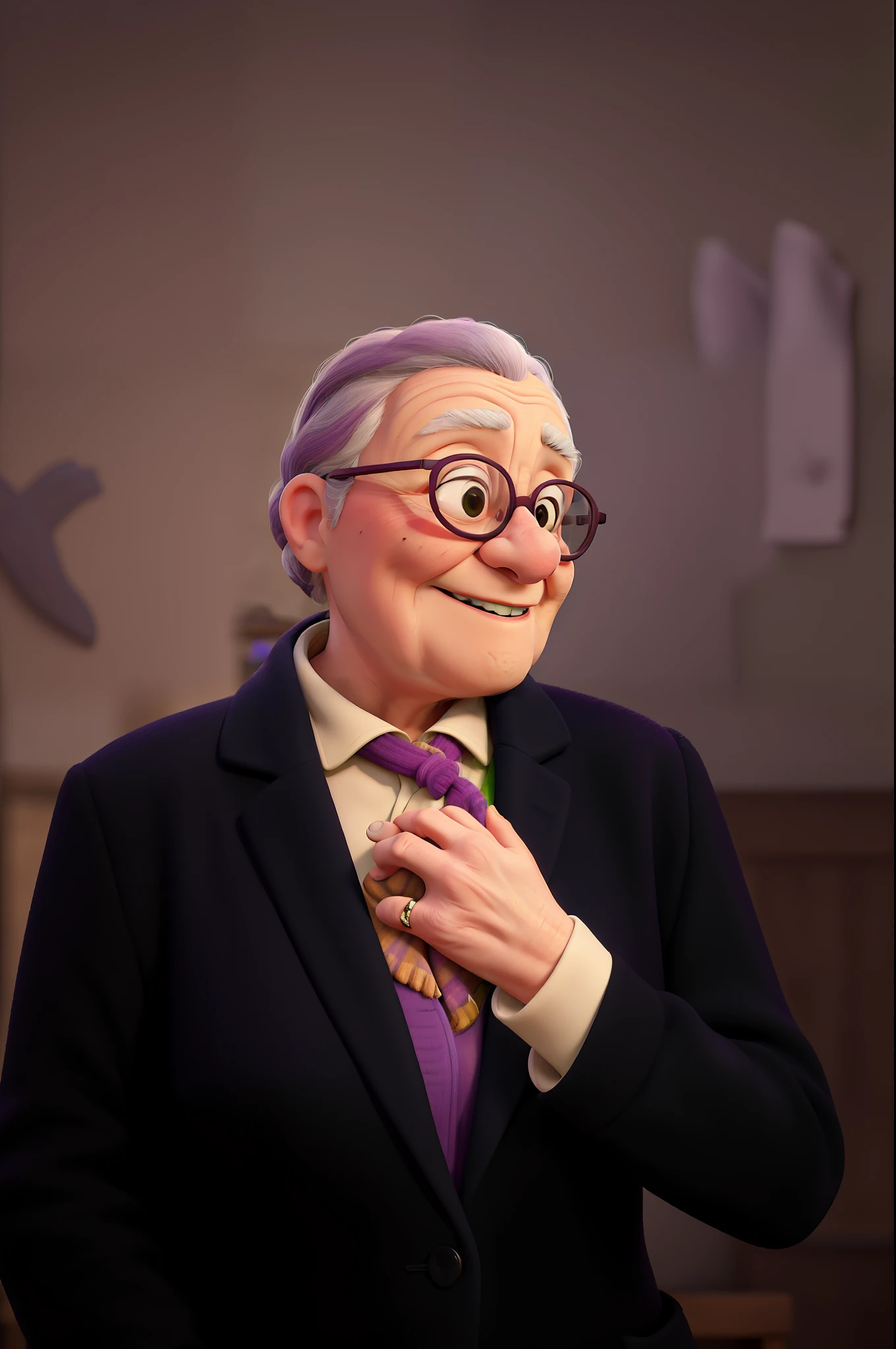 masterpiece, best quality, an old woman with glasses and a scarf on, wearing a purple coat and green scarf, standing at the park