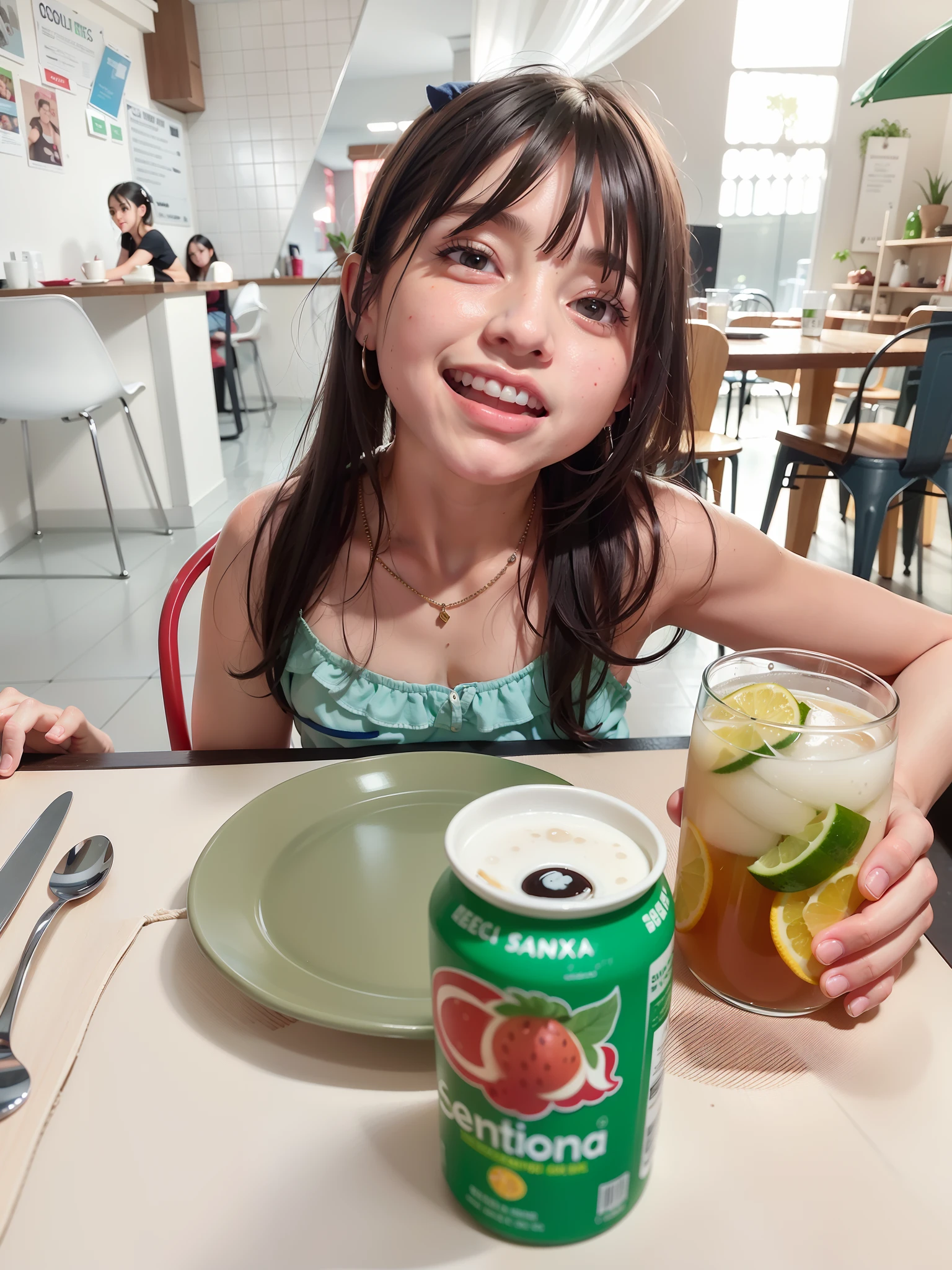 Menina sentada em uma mesa com uma lata de refrigerante e um prato de comida, soda themed girl, com uma bebida, bebidas frias, Directed by: David Ruby, segurando uma bebida, grande obra-prima, cabrito, Tomado com Sony Alpha 9, divertindo-se, CR3, pegando seus tacos e bebida), beber, comer fora, coquetel de bebida