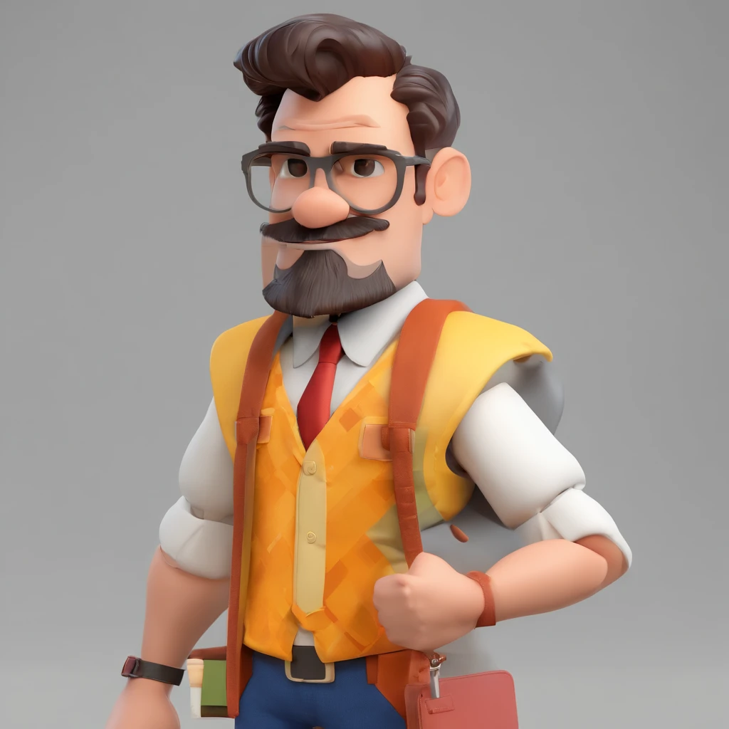 Criar um personagem no estilo Pixar. Trata-se de um homem de 30 anos, com barba, Branco, com cabelos castanhos curtos e um quiff, e olhos castanhos. Ele deve estar na frente de um computador, Trabalhar como designer