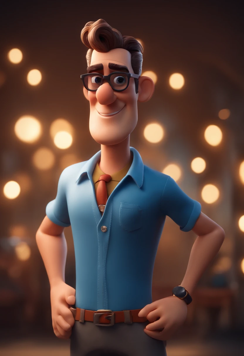 Cartoon character of a man wearing sunglasses and a blue shirt, Um personagem animado, Caractere estilizado, animation style rendering, 3D estilizado, Rendu Arnaldo Maya, 3d rendering stylized, toon render keyshot, Personagem 3D, Personagem 3D, 3d rendering stylized, 3 d character render, Personagem de desenho animado, Personagem de close-up, Pose do personagem, (Estilo Pixar) (Festa Master:1.2) (Bokeh) (Melhor Qualidade) (Pele detalhada) (Textura detalhada) (8k) (argila) (cinematic lighthing) (Crisp Focus,Senta-se e esvazia a parte superior do corpo