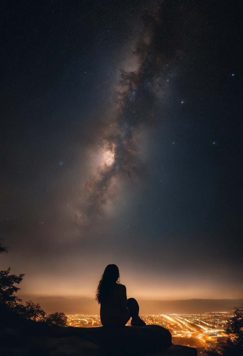 octans, sky, star (sky), scenery, starry sky, night, 1girl, night sky, solo, outdoors, signature, building, cloud, milky way, sitting, tree, long hair, city, silhouette, cityscape