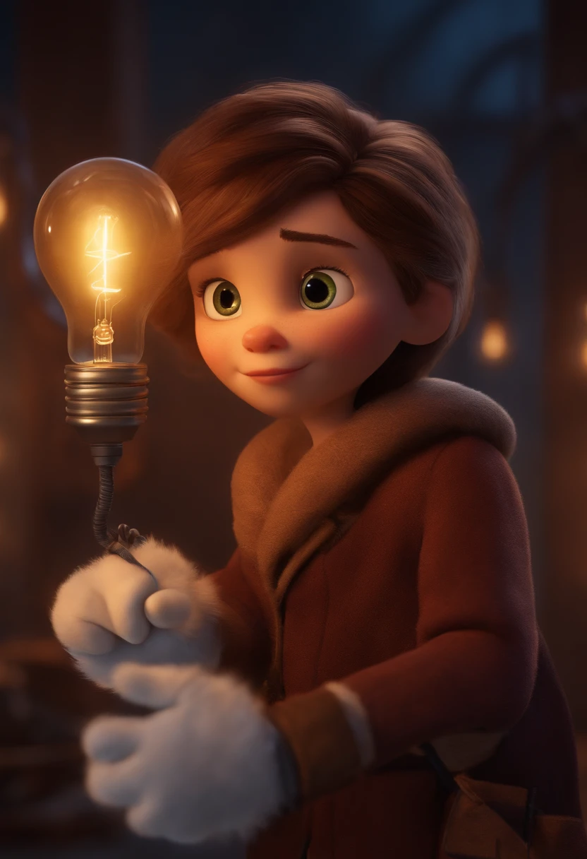 Criar um personagem no estilo pixar. White character brown hair straight and long gloves with a light bulb and caliper in hands