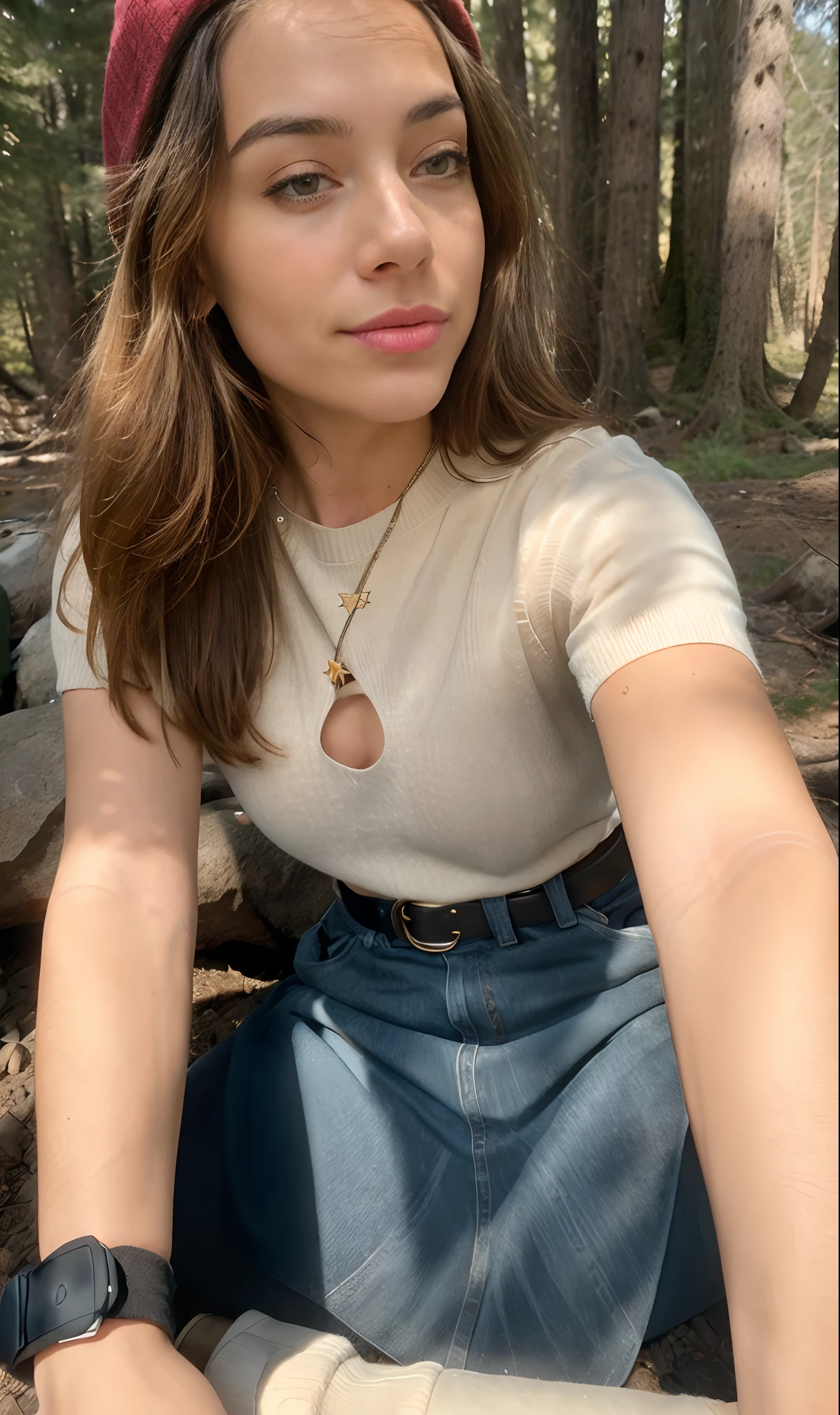 1 woman ((upper body selfie, happy)), masterpiece, best quality, ultra-detailed, solo, outdoors, (night), mountains, nature, (stars, moon) cheerful, happy, backpack, sleeping bag, camping stove, water bottle, mountain boots, gloves, sweater, hat, flashlight, forest, rocks, river, wood, smoke, shadows, contrast, clear sky, analog style (look at viewer:1.2) (skin texture) (film grain:1.3), (warm hue, warm tone:1.2), close up, cinematic light, sidelighting, ultra high res, best shadow, RAW, upper body, wearing pullover