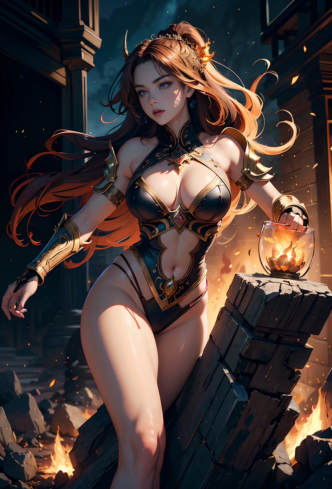 (Masterpiece, (hdr:1.5), Beauty and aesthetics:1.2),Depict a female god of war in fire armor，She is a lovely princess，He was also a fierce warrior，Flame,hoang lap，salama，hilltop，Great giants，(theelementoffire:1.4),（ung woman：1.6）,Composed of fire elements，Highly realistic,posing elegantly,Transparency，Correct anatomy，The kinky is exposed，climaxing，Sexual huge breasts cleavage， seductiv，revealing breasts，Exposing thighs， glute，Barefoot，Sexy gesture，Deep background，Fantastic and incredible，Epic composition，(Complicated details，Hyper-detailing:1.2)，Ultra photo realsisim, fearsome, epic realistic, Faded, ((com cores neutras)),(pastel colour:1.2), Detailed face, Detailed eyes，Hyper-realistic, + cinema shot + Dynamic composition, Incredibly detailed, Sharpen, Cinematic, warm lights, Light effect, Dramaticlight, (Intricate details:1.1), the complex background, (greg rutkovsky:0.8),