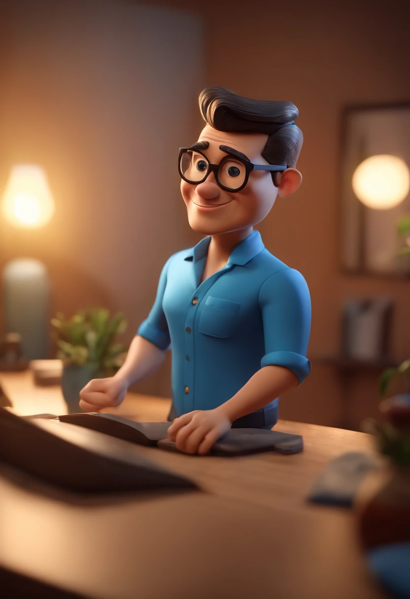 Cartoon character of a man wearing black glasses and a blue shirt, um personagem animado, Caractere estilizado, animation style rendering, 3D estilizado, Arnold Maya render, 3 d render stylized, toon render keyshot, Personagem 3D, Personagem 3D, 3d rendering stylized, 3 d character render, personagem de desenho animado, Personagem de close up, Pose de personagem, (Estilo Pixar) (master part:1.2) (Bokeh) (best quality) (pele detalhada) (textura detalhada) (8k) (argila) (Cinematic lighting) (foco nítido，Senta e vaza a parte superior do corpo