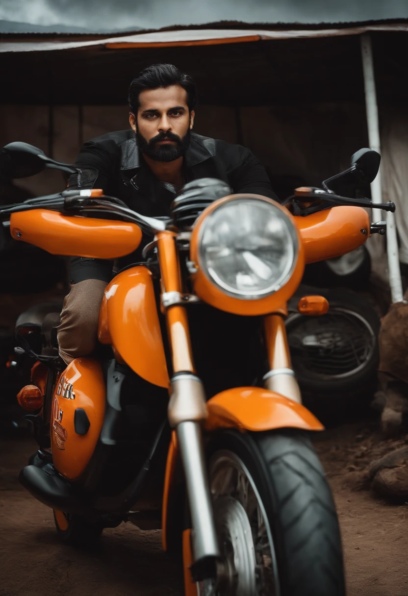 Jovem de 30 anos, with little beard and the appearance of an Indian, em cima de uma moto esportiva branca