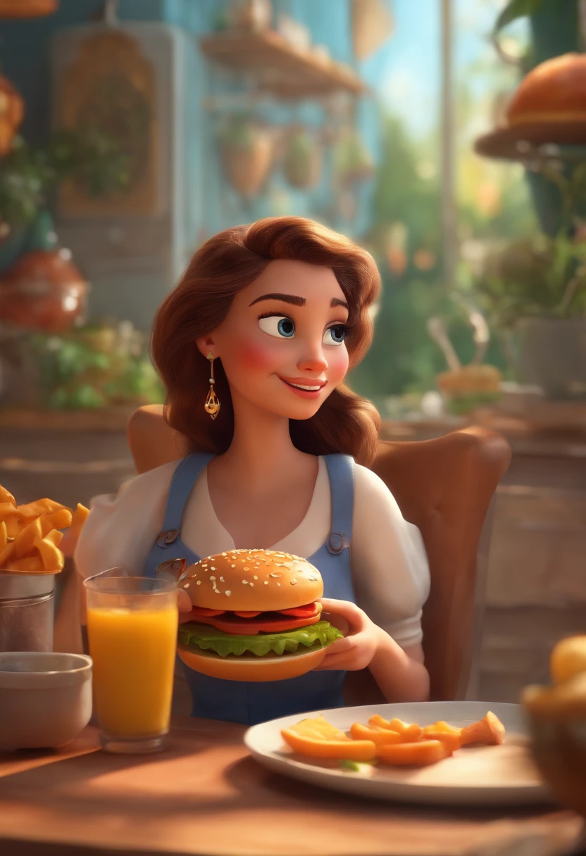 Make a Girl, She's hungry, como Disney Cartoon, She's eating hamburger, Pixar, ..3d, Disney