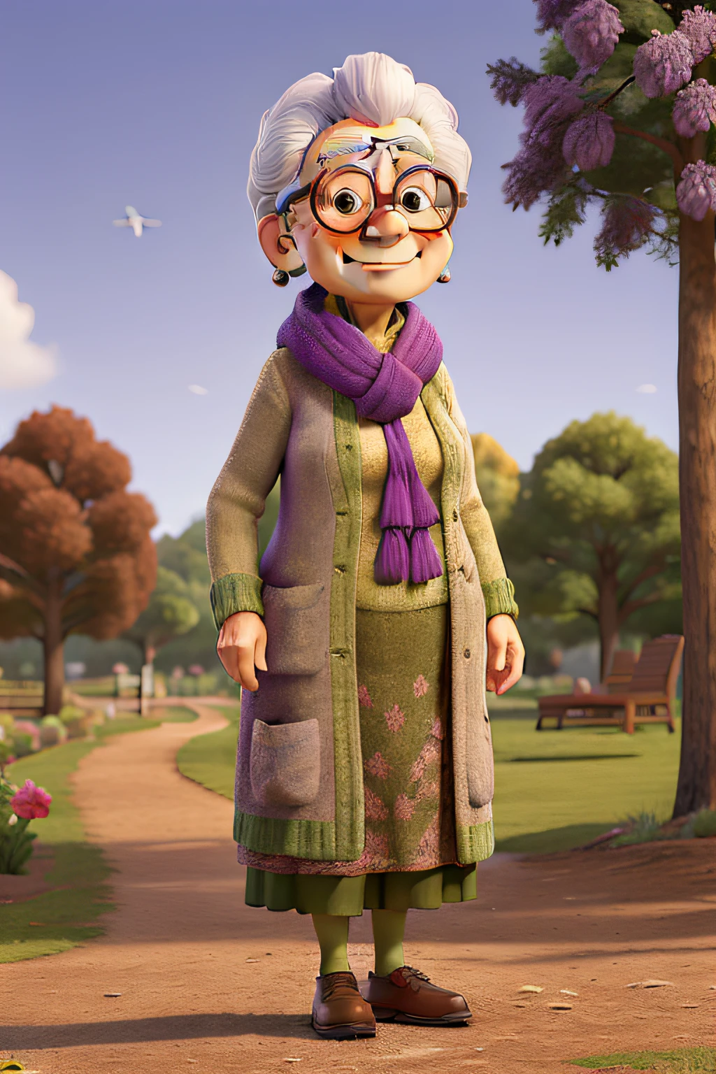Obra-prima, de melhor qualidade, an elderly woman in glasses and a scarf, wearing a purple coat and green scarf, Standing in the park, sentindo dor na coluna