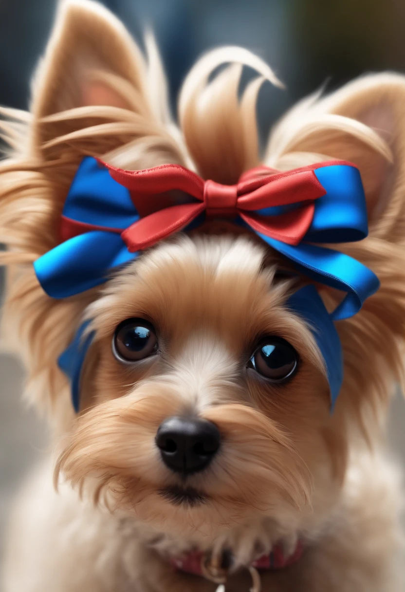 Cachorro yorkshire, Female with a blue bow on her head , fundo branco, barnet, Tom, Estilo Pixar, ....3d, desenhos animados, rosto detalhado, asymmetrical 16k