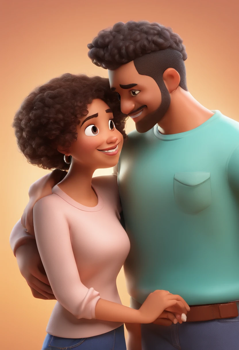 An illustration of an adorable couple, destacando um homem e uma mulher com bonito, Expressive eyes – the man's skin is black and the man's hair is bald and black, while the woman's skin is black and the woman's hair is curly and brown. They are a bright room, cada um com um sorriso no rosto, e compartilhar um momento especial caracterizado pelo amor, arroz, e insights educacionais. Illustrate this scene from a perspective where they are facing away from the camera, Showing Your Connection. Desenvolva esta arte em Full HD, Focus on your cinematic touch, Estilo Disney Pixar Animations