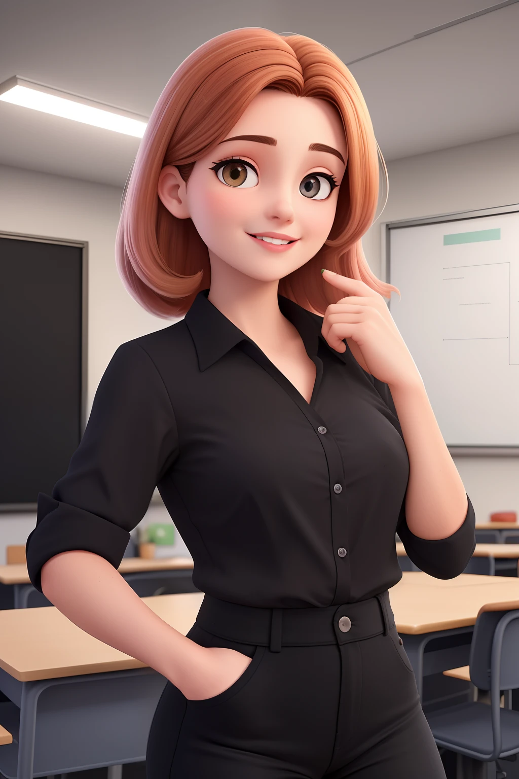 Uma mulher de 30 anos, com longos cabelos ondulados escuros , Rosto redondo, sorriso encantador, e olhos castanhos, In a classroom, studio lighting, sign language interpreter and sign language teacher. She's wearing black clothes, blouse and black jeans