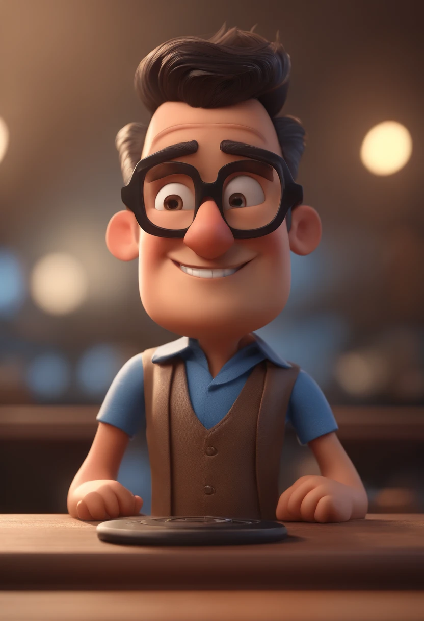 Cartoon character of a man with black glasses and a blue shirt, animation character, Caractere estilizado, animation style rendering, 3D estilizado, Arnold Maya render, 3 d render stylized, toon render keyshot, Personagem 3D, Personagem 3D, 3d rendering stylized, 3 d character render, personagem de desenho animado, Personagem de close up, Pose de personagem,  (Estilo Pixar) (master part:1.2) (Bokeh) (best quality) (pele detalhada) (textura detalhada) (8k) (argila) (Cinematic lighting) (foco nítido
