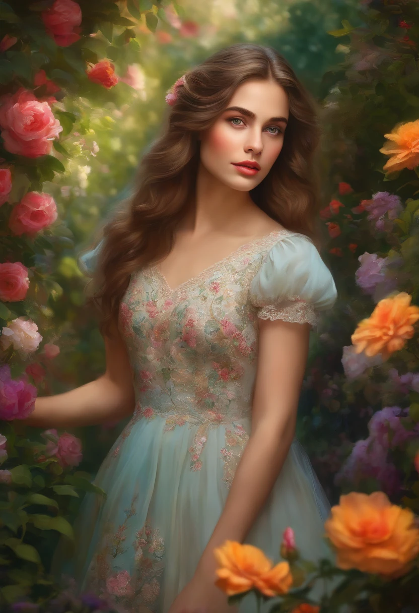 best quality,ultra-detailed,realistic portrait of a girl in a garden,girl,wearing a flowy dress, beautiful detailed eyes, beautiful detailed lips, long eyelashes, surrounded by colorful flowers and lush greenery, soft natural lighting, vibrant colors, oil painting style