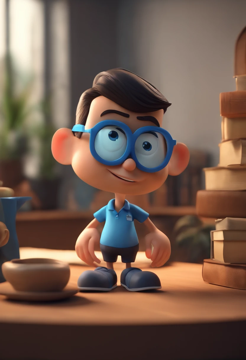 Cartoon character of a man wearing black glasses and a blue shirt, um personagem animado, Caractere estilizado, animation style rendering, 3D estilizado, Arnold Maya render, 3 d render stylized, toon render keyshot, Personagem 3D, Personagem 3D, 3d rendering stylized, 3 d character render, personagem de desenho animado, Personagem de close up, Pose de personagem, (Estilo Pixar) (master part:1.2) (Bokeh) (best quality) (pele detalhada) (textura detalhada) (8k) (argila) (Cinematic lighting) (foco nítido,Senta e vaza a parte superior do corpo