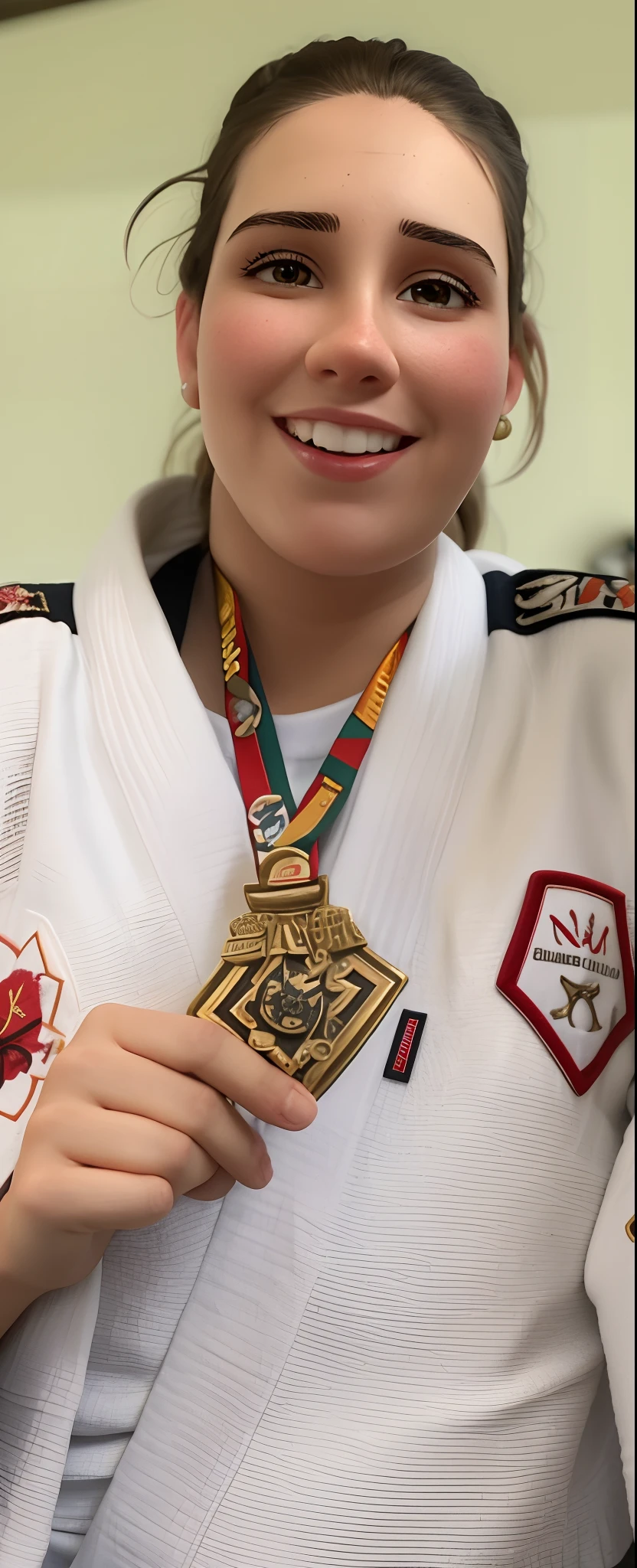 mulher em quimono branco segurando uma medalhaha e uma medalhaha, Viktoria Gavrilenko, vestindo um gi branco, medalha, inspirado em Nathan Oliveira, sem medalhahas, Caroline Gariba, fernanda suarez, inspirado em Samuel Silva, wearing many medallions, Directed by: Nandor Soldier, medalhaha de ouro, simona sbaffi is the captain, competition winning