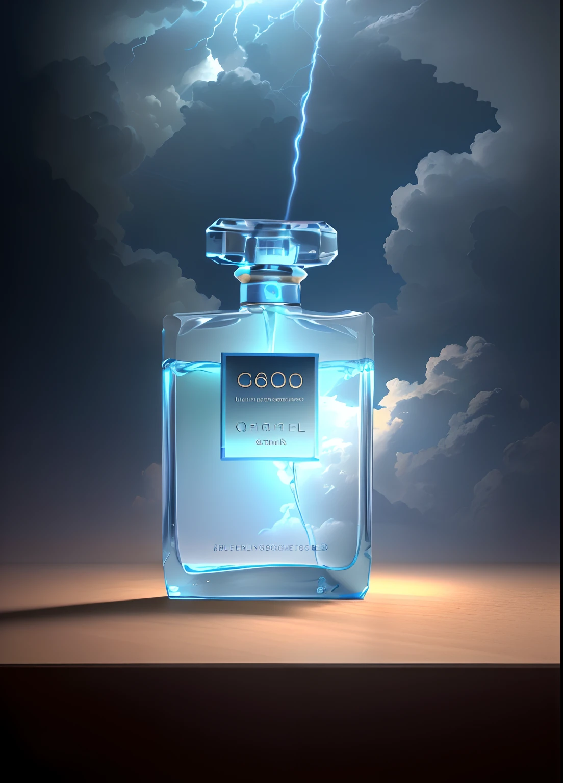 Masterpiece, best quality, (very detailed CG unified 8k wallpaper) (best quality), (best illustration), (best shadow) blue lighting ocean in the background with clouds, grayish Ray tracing, ultra detailed, label white, background solid color, yellow soft light irradiation, perfume bottle is made of glass, blue perfume liquid, lightning in background --v6